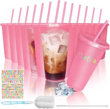12 Pack 710ml Reusable Plastic Cups with Lid Straws Letter Stickers and Cleaning Brushes, Glitter Water Cold Coffee Tumber for Birthday Hen Do Party Travel Beverages Drinking Glitter Pink
