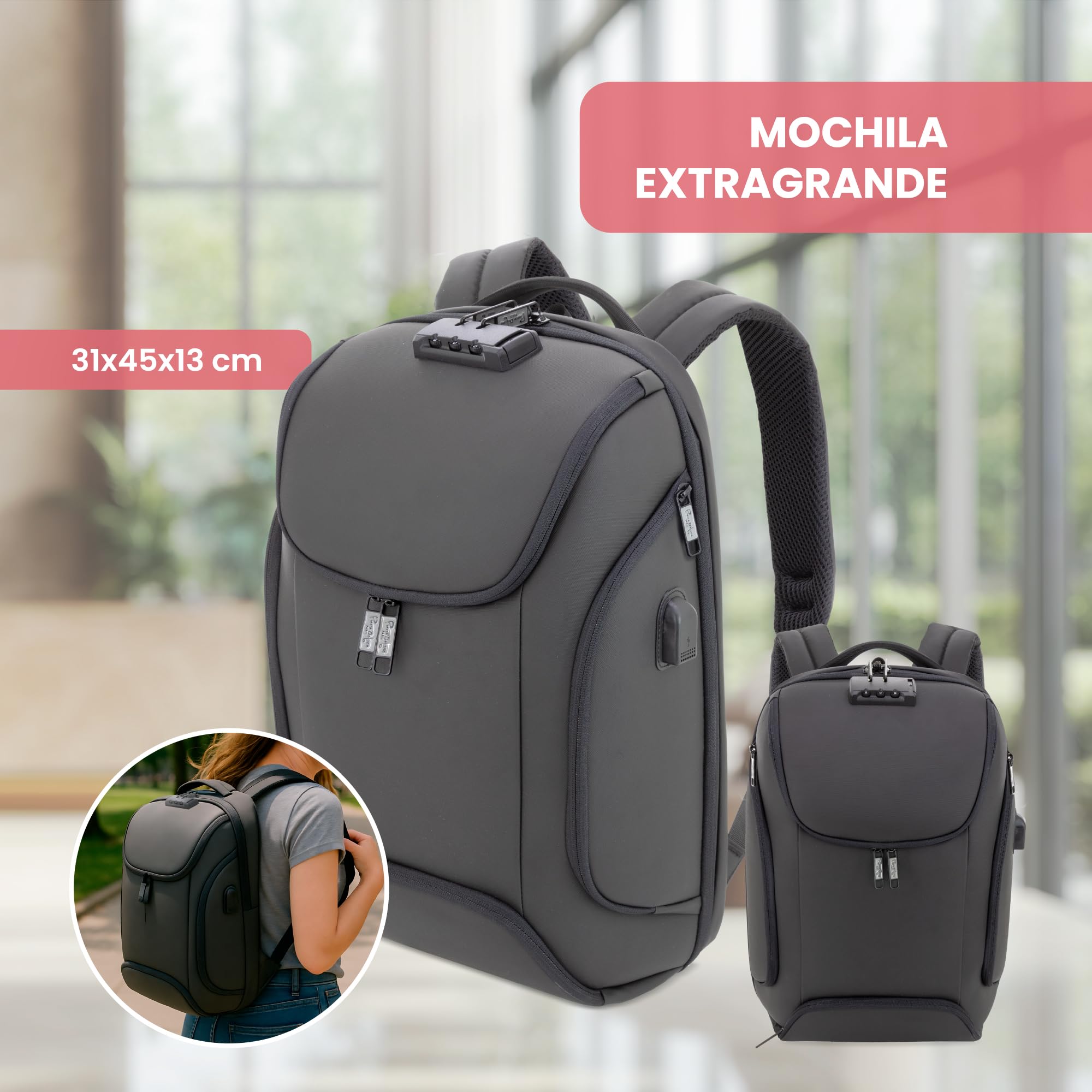 Mochila semirrígida acolchada HOFMAN - Cierre de seguridad - 31x45x13 cm - Compatible con trolley - Bolsillo antirrobo - Compartimento acolchado para portátiles - Entrada USB para Powerbank