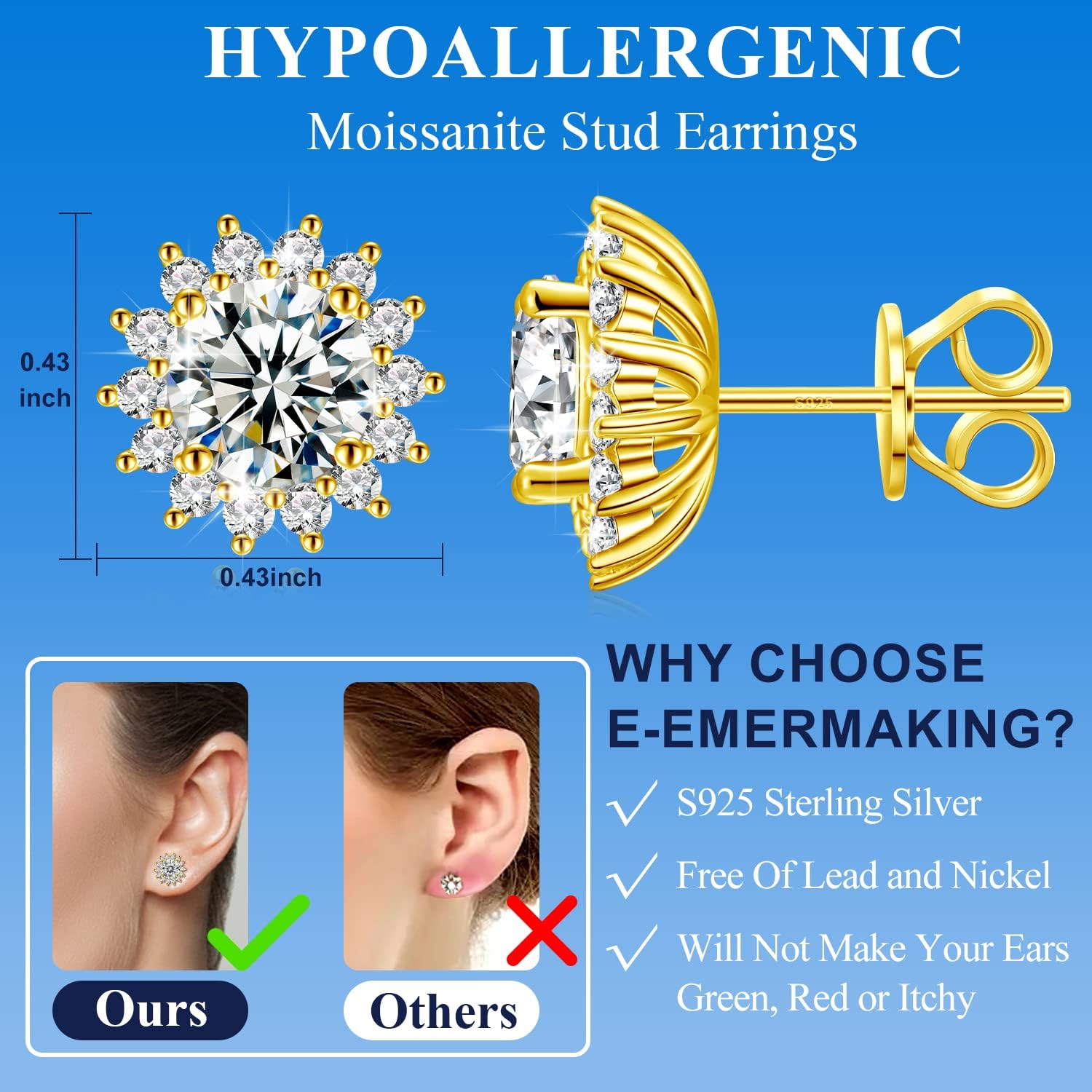 Moissanite Stud Earrings 0.2CT-8.0CT 18K White/Yellow Gold Vermeil D Color VVS1 Clarity Brilliant Round Cut S925 Sterling Silver Hypoallergenic Anniversary Day Valentines Gifts for Women Men - Image 8