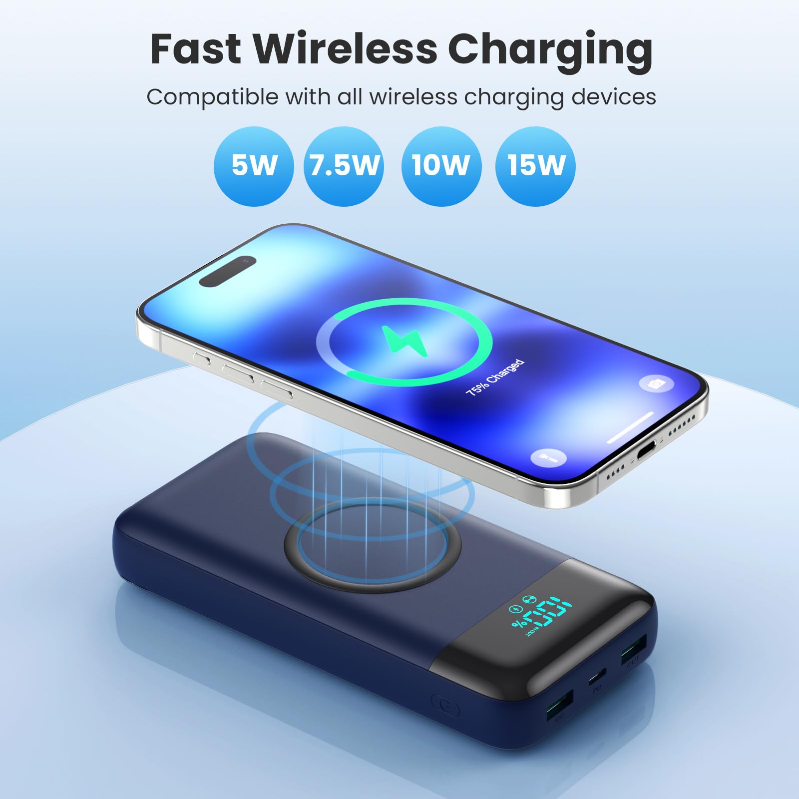 Ekrist Power Bank Wireless 26800mAh con 3 Cavi, 7 in 1 Caricatore Portatile Wireless Ricarica Rapida 25W PD3.0+QC4.0, Display LCD Batterie Esterna 6 Uscite Compatibile con iPhone Huawei Samsung ecc.