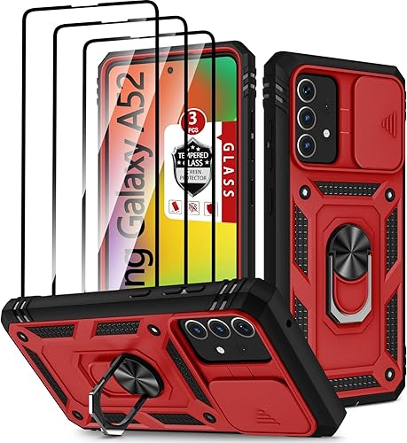 Miniatura 10 de Funda para Galaxy A52 4G, para Galaxy A52 5G con 3 protectores de pantalla de vidrio templado con soporte de anillo integrado + cubierta de cámara