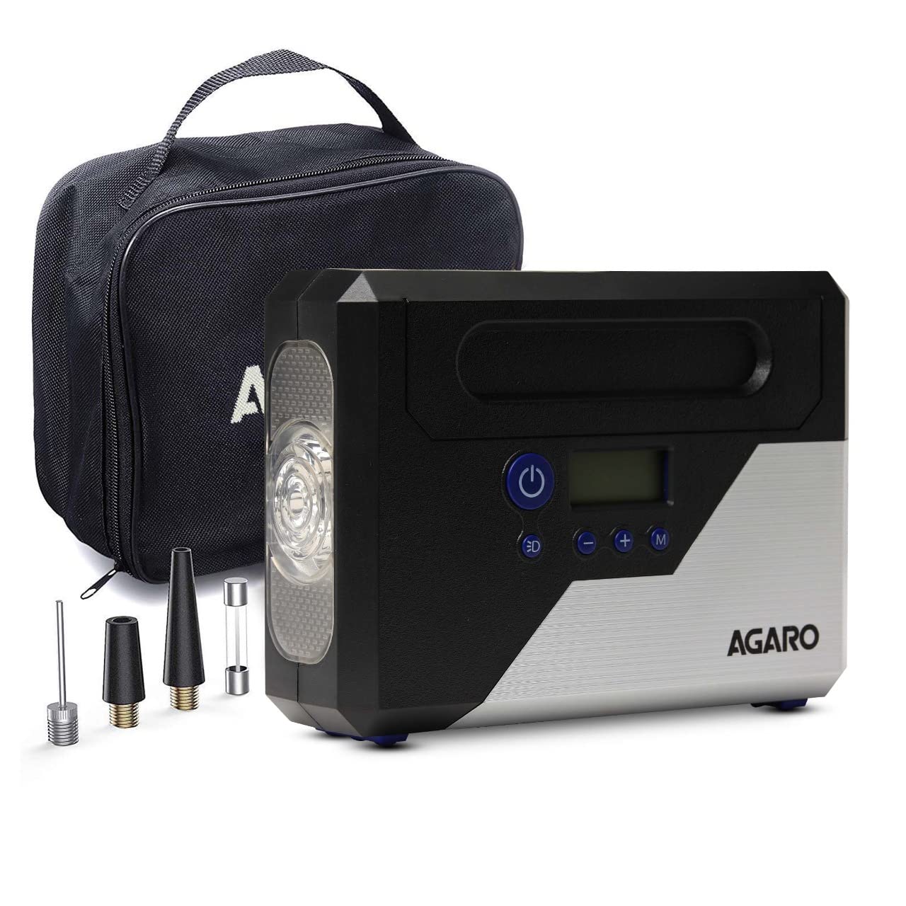 Agaro Force Digital Tyre Inflator with Emergency Light, 120Watts with 12V Car Plug, Up to 150 Psi, Compact and Portable (Black) - Metal