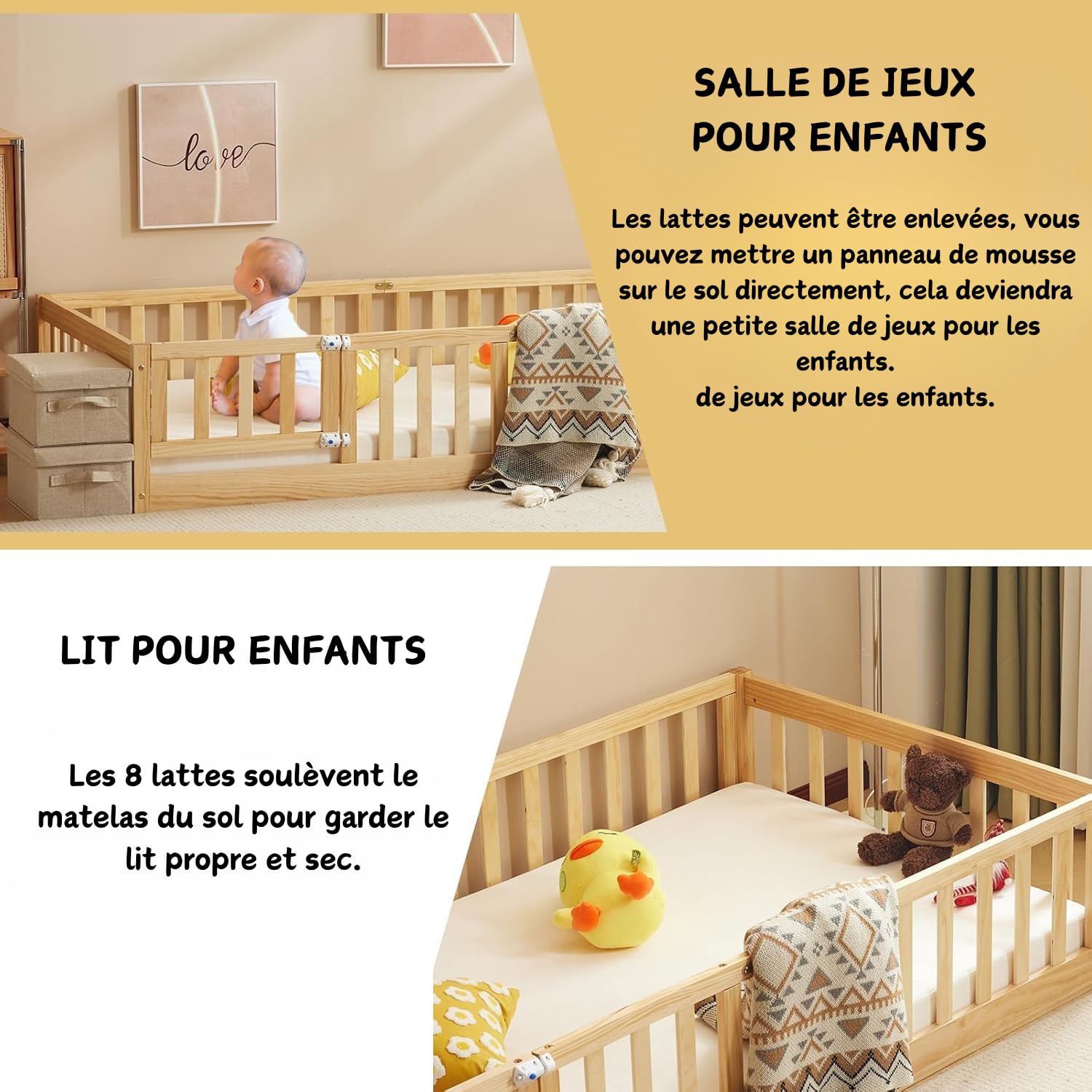 Montessori Lit d'enfant Lit au Sol 140x200 cm - Bois Massif avec Porte et Barrière Sécurisée - 12 Lattes Renforcées, Garde-Corps Intégré - pour Enfants et Bébés (Couleur Naturelle)