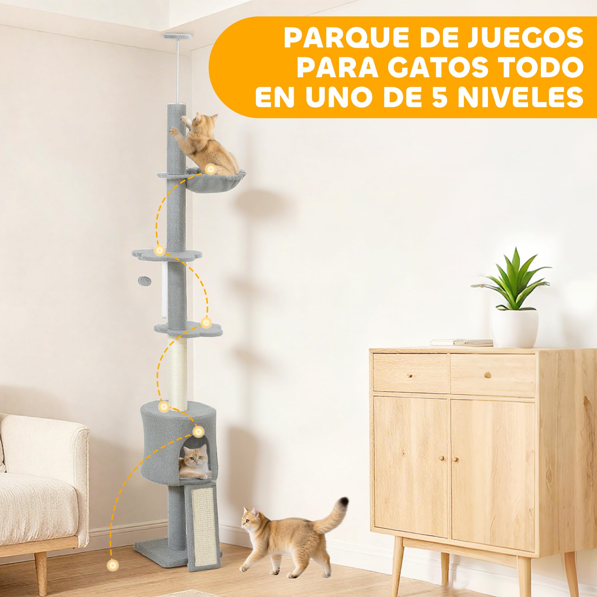 PawHut Árbol para Gatos de Suelo a Techo Regulable 220-240 cm Gris Claro | Torre para Gatos, Hamaca, Plataformas en Forma de Flor, Cuevas, Rampa, Bola