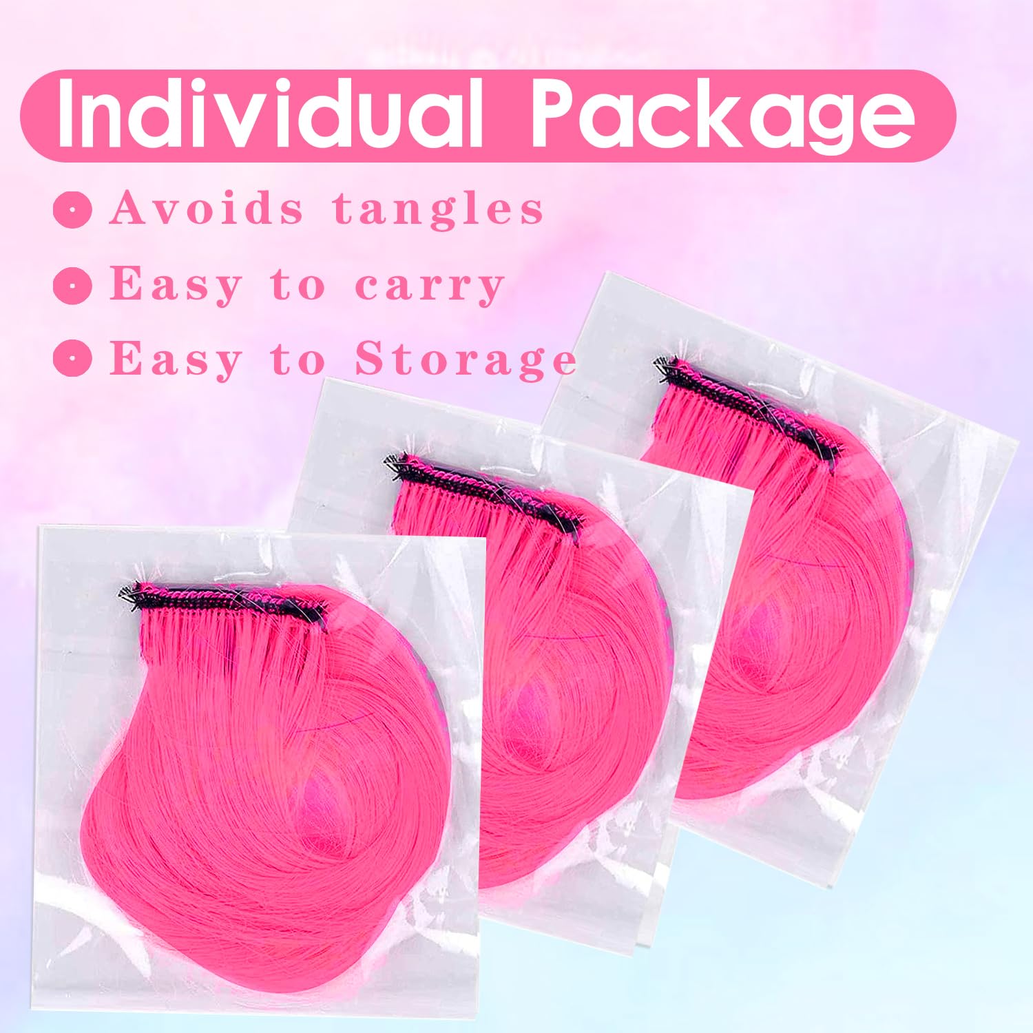 12 extensiones de cabello con clip, color rosa intenso, extensiones rizadas y onduladas de color para niños y niñas, extensión sintética con reflejos para fiestas, 17 pulgadas 5