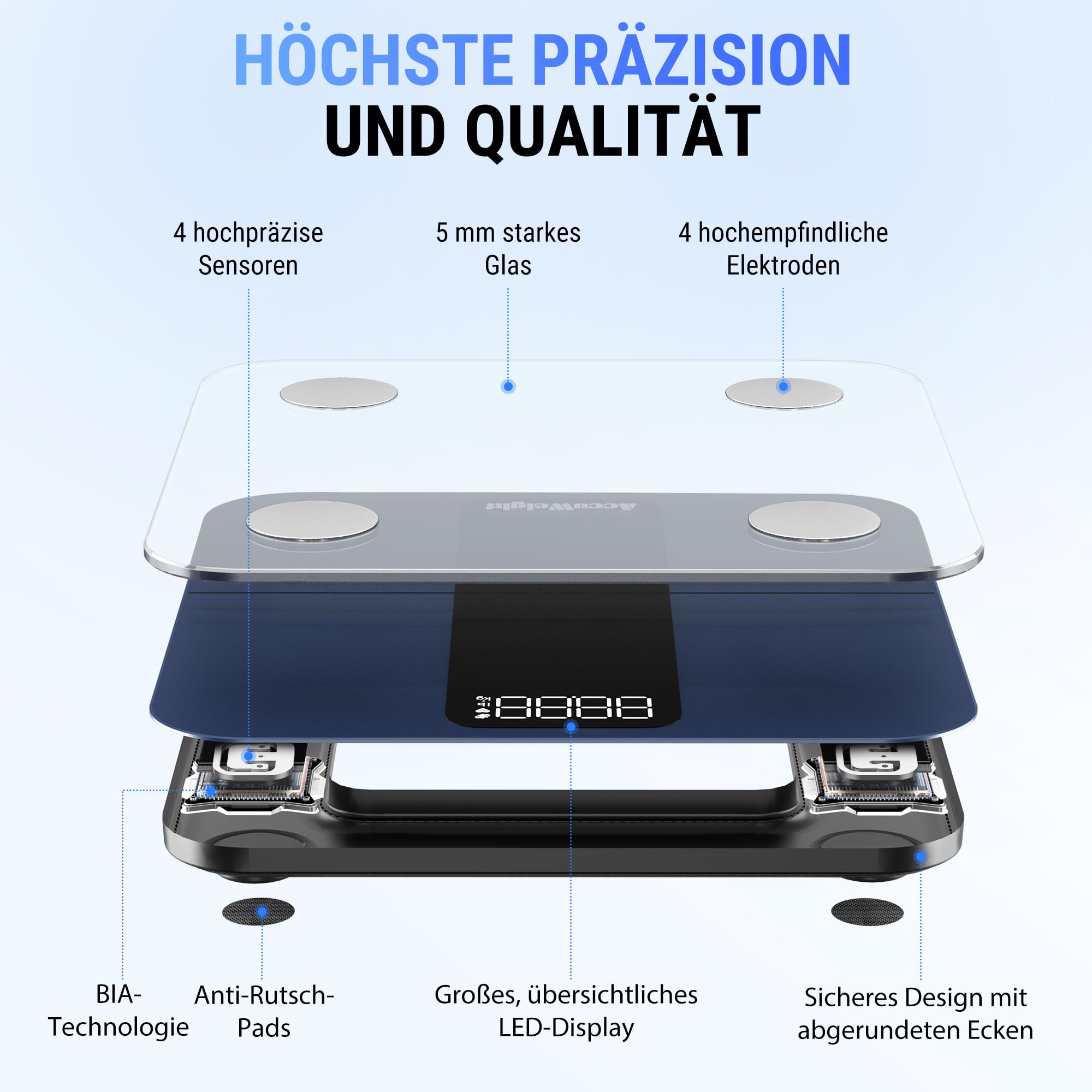ACCUWEIGHT Körperfettwaage Personenwaage Waage Personen 180KG mit Körperfett und Muskelmasse Bluetooth Körperanalysewaage mit APP Digitale Körperanalysegerät für 17 essentielle Körperwerte