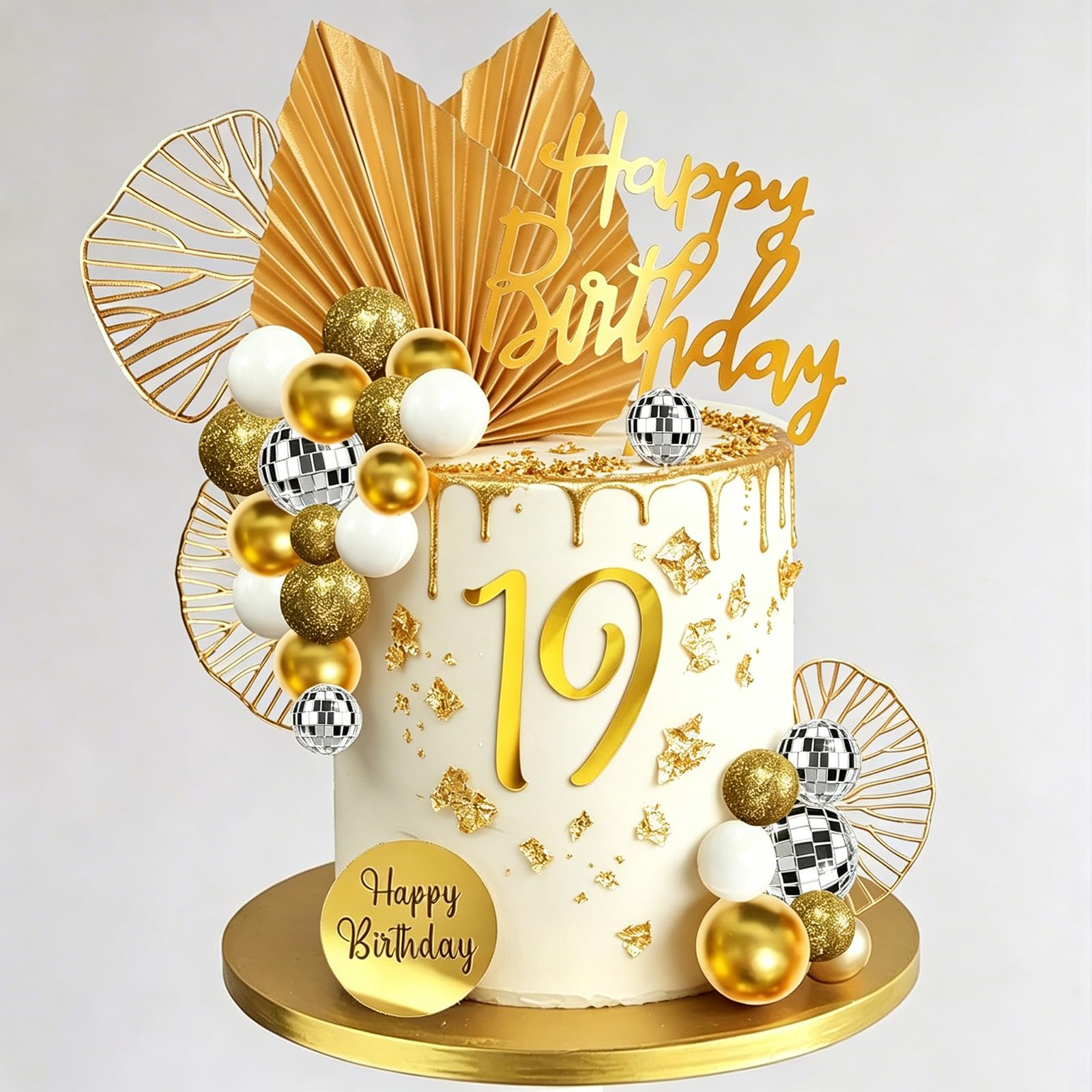36Pcs Gold Cake Toppers Decorations Disco Balls Boho Cake Topper with Palm Leaves Numbers 0-9 and Happy Birthday Cake Toppers for White Gold Theme Wedding Baby Shower Birthday Party Supplies
