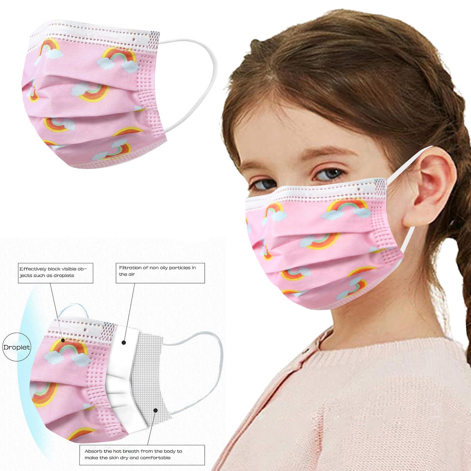 50 Pack Kids Pink Disposable Face Mask, 3 Ply Breathable Rainbow Printed Cute Masks for Children Full Face Protection