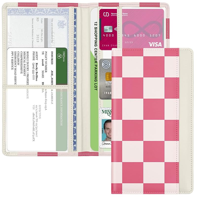 Porta-documentos automotivo para registro e seguro Kakurookie com fechamento magnético Plaid-Pink