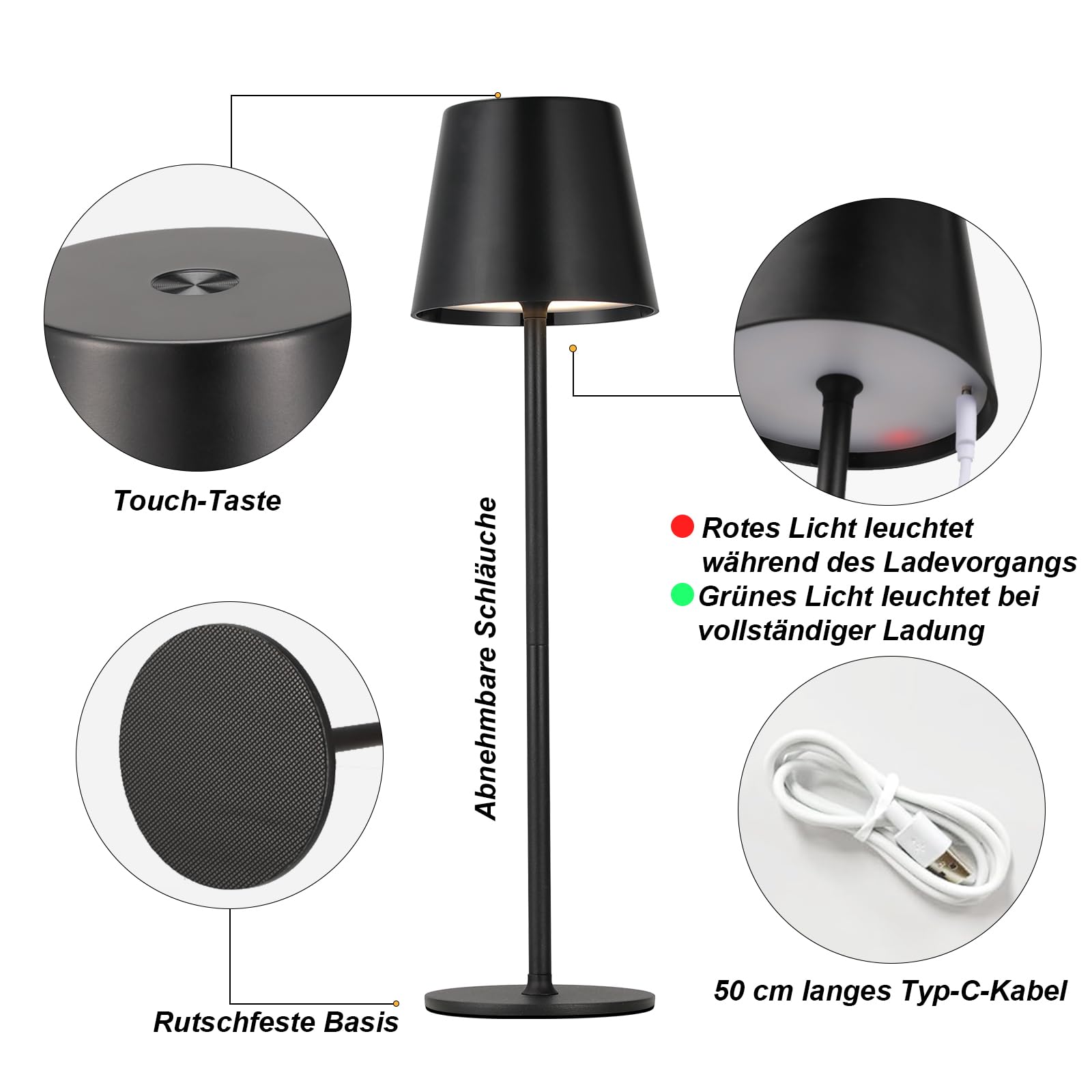 Tischlampe Kabellos 2er Set, Akku LED Tischleuchte, Nachttischlampe Touch Dimmbar mit 3 Farbtemperatur, Tischlampe mit USB-C Aufladbar für Outdoor Nachttisch Esstisch Camping(Schwarz)