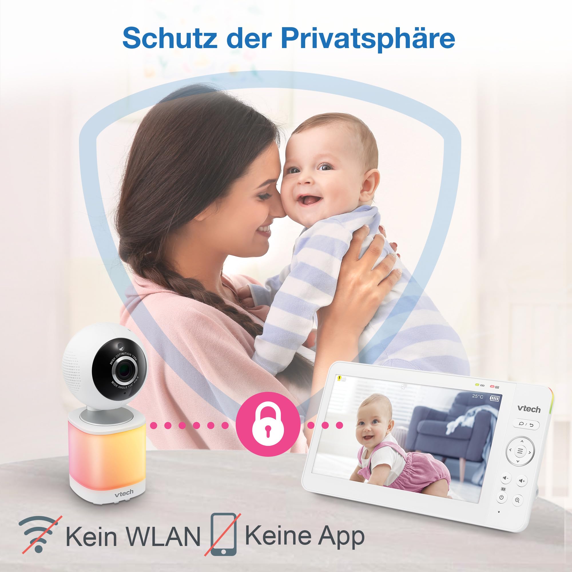 VTech Video-Babyphone mit 7" Farb-LCD-Bildschirm,360°-Panoramablick,Schwenken/Kippen/Zoom,Wiegenlieder&beruhigende Geräusche,Nachtlicht,Gegensprechfunktion,Touch-Bedienung,VM7468-2 mit Zwei Kameras