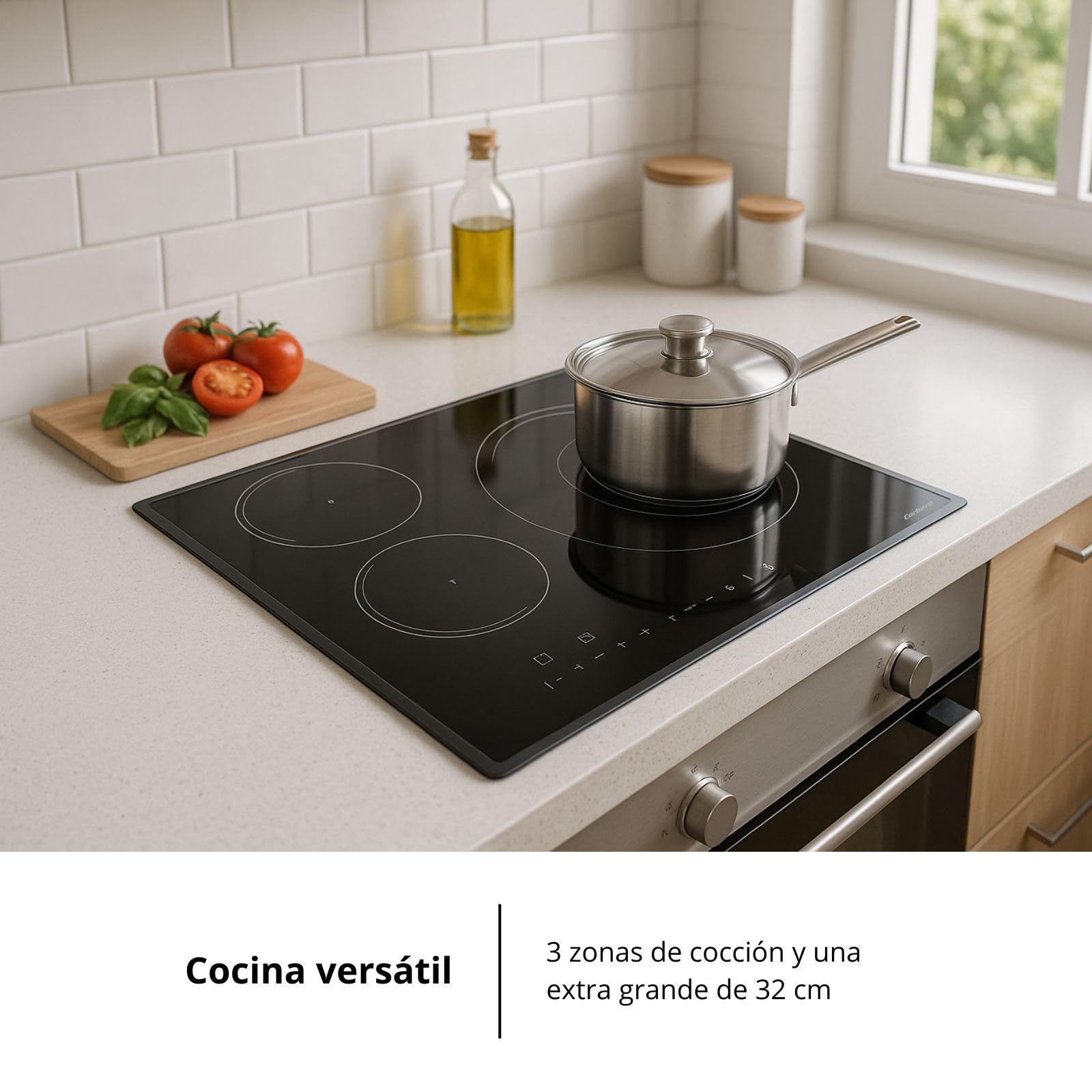 Corberó - Placa Inducción | 3 Zonas | CCIM3FBS324 | Potencia 7400W | Touch Control | 3 Boosters | Zona Grande 32 Cm | Bordes Biselados | Temporizador| Bloqueo Seguridad Niños | Negro