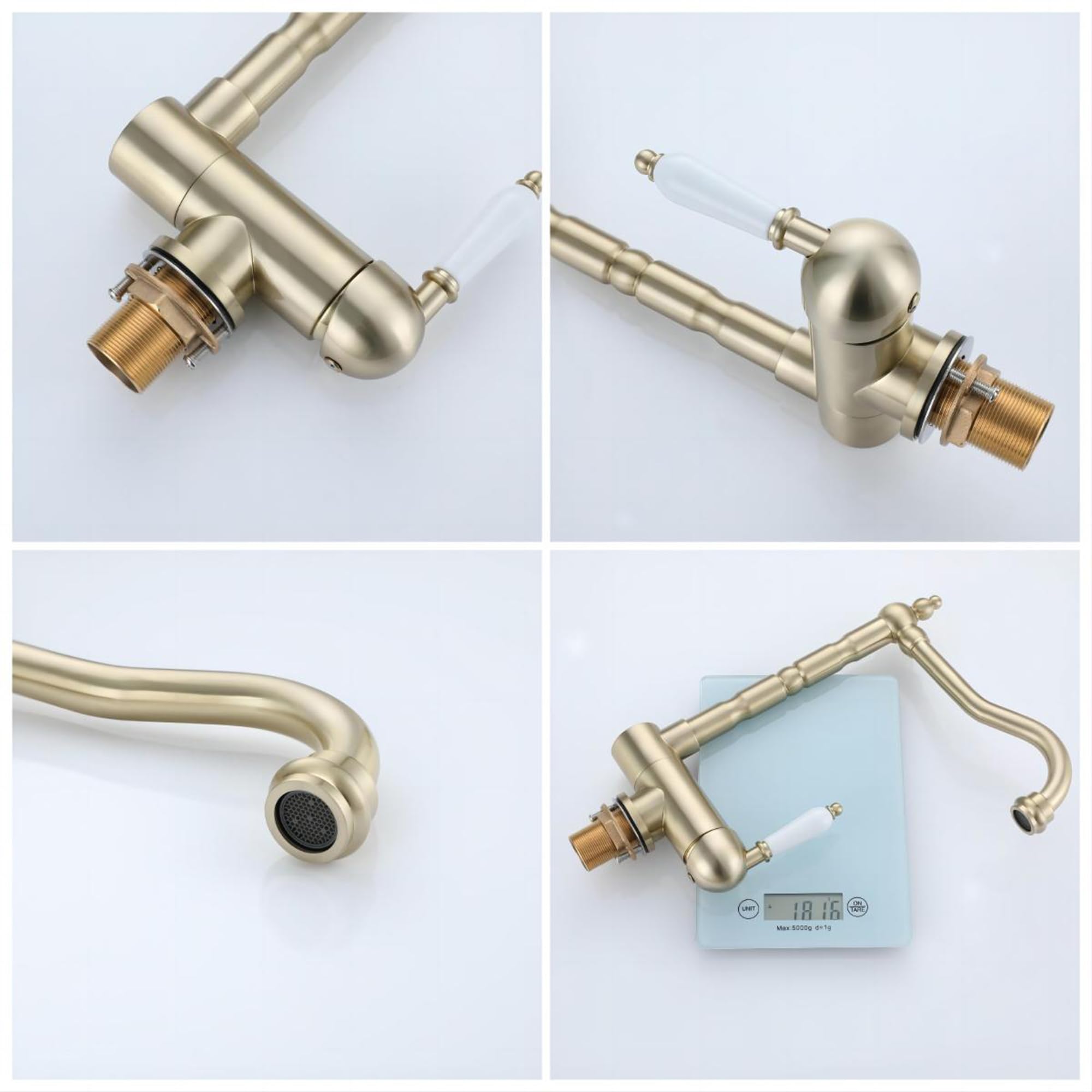 Vorfenster Küchenarmatur Gold Gebürstet, Hochdruck Wasserhahn Küche Gold Gebürstet, Flexible Mischbatterie Küche 360° Drehbare/180° Faltbar/Schwenkbarer Auslauf, Hochdruck Armatur Küche Aus Brass