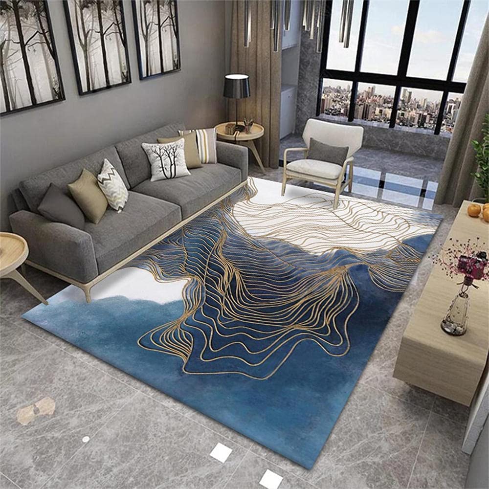 Tapis cuisine conception graphique abstraite bleu blanc or grand format 200x300