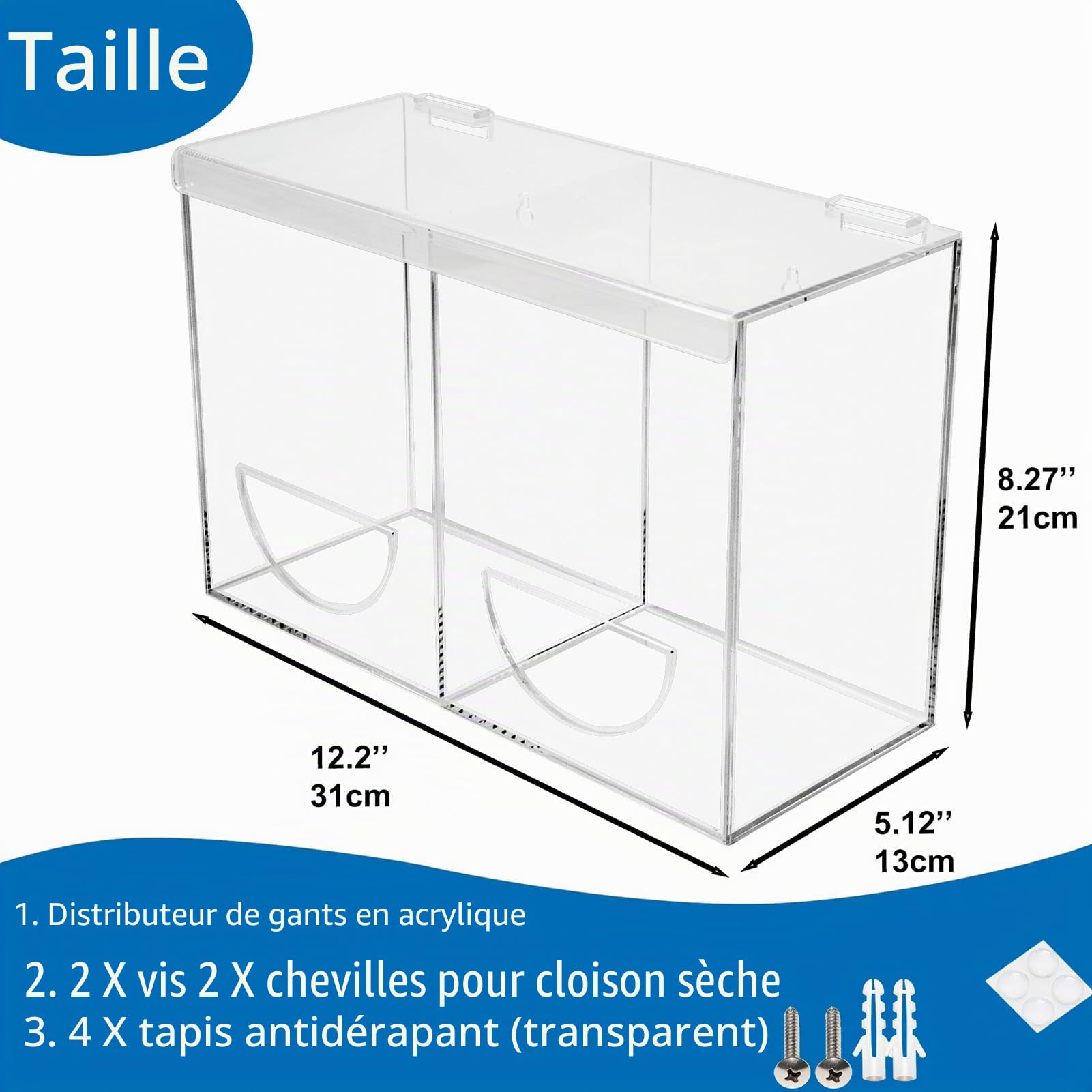 SEANADO Distributeur de gants en acrylique transparent avec couvercle, 2 compartiments, boîte de rangement hygiénique pour filets à barbe, filets à cheveux, sacs en plastique, couvre-chaussures