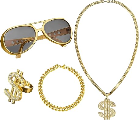 JOYVOX 4pcs Fake Gold Chain Necklace Set, Fake Gold Chain Gold Chain Fancy Dress Hip Hop Costume Kit   Hip Hop Rapper Style Costume Chains for 90s Fancy Dress