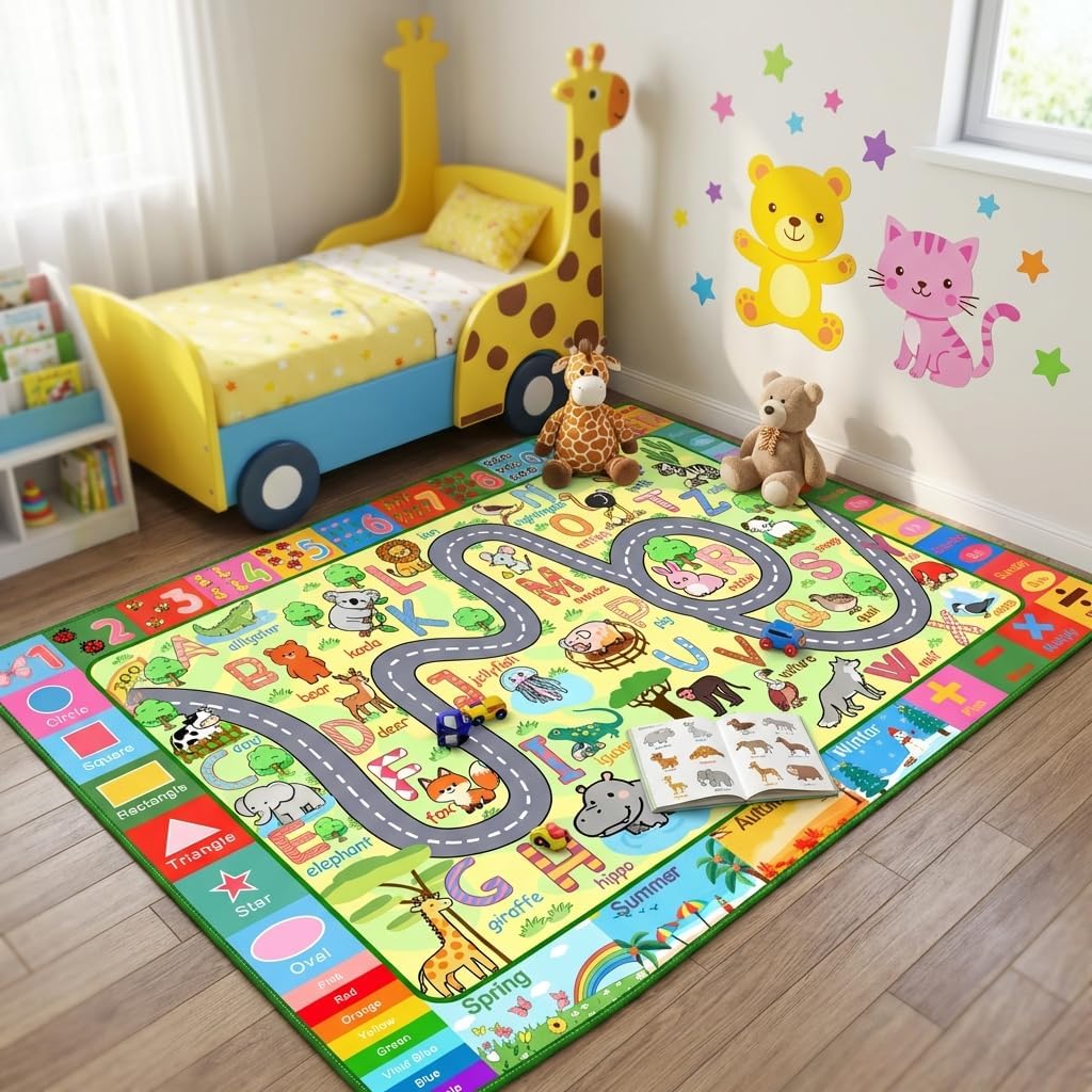 3x5 Feet Educational Area Rug Kids Rugs for Playroom with Alphabet Numbers Shapes Animals Learning Carpet for Bedroom Nursery Classroom Boys Girls Toddler Baby Non Slip Floor Mat