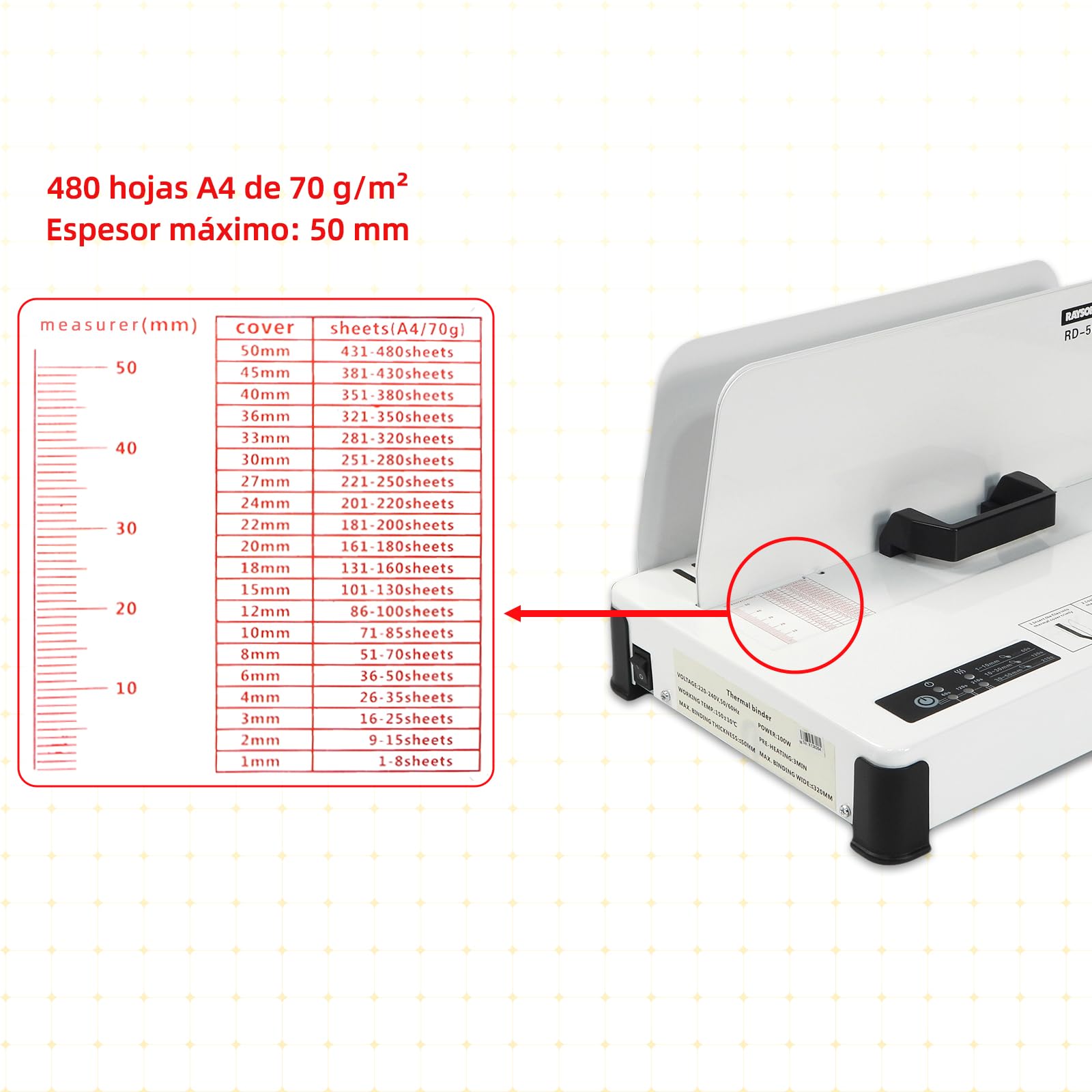 RAYSON Encuadernadora Térmica, Hasta 480 Hojas, Máximo 50 mm, RD-50 | Construcción de metal duradero, suministros de encuadernación incluidos