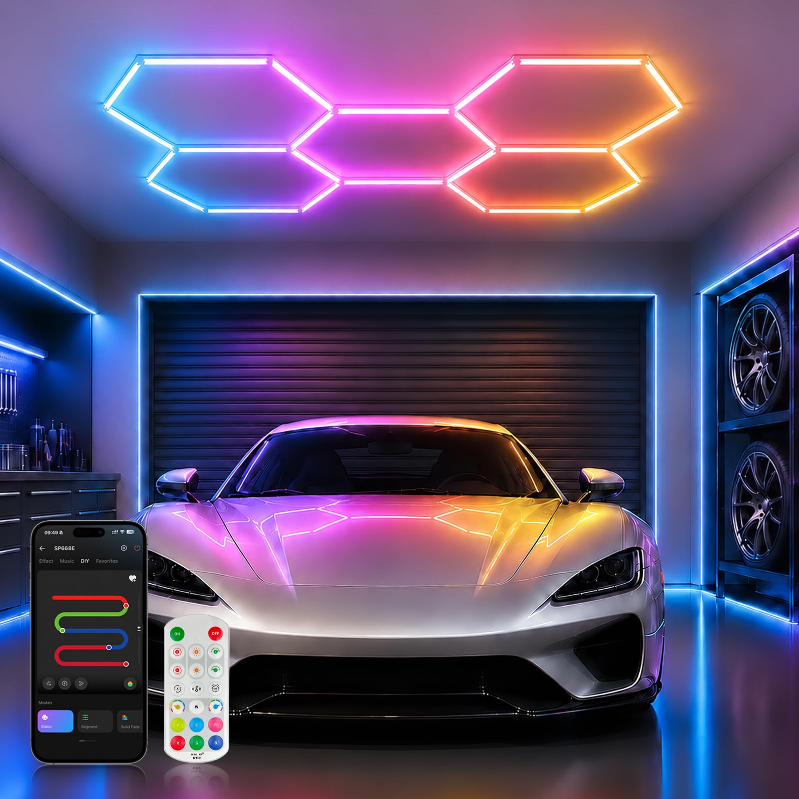 Hexagon Garage Lights by Bevenus – 5 Grids, Aluminum, RGB (Red, Green, Blue), Model YX6001