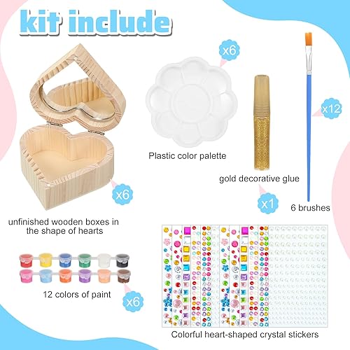 Miniatura 2 de Kigley Juego de 6 cajas de joyería de madera para el día de San Valentín para pintar tus propias cajas de corazón sin terminar, kits de pintura para