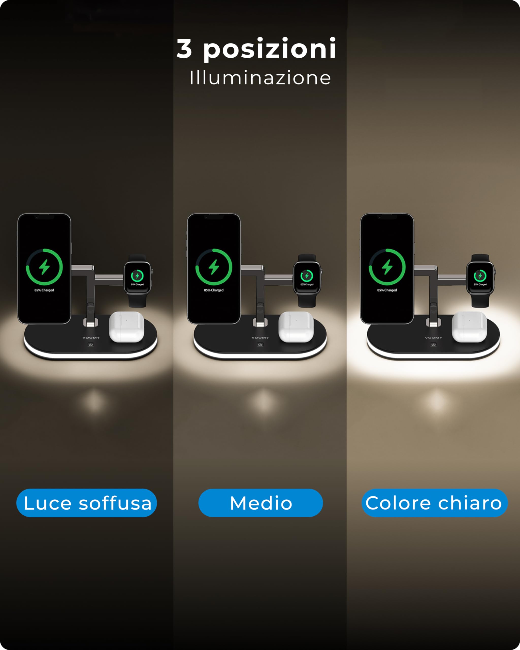 VOOMY Stazione di Ricarica Wireless 3-in-1 VOOMY Qi 15W per iPhone 13, Apple Watch 8/9/Ultra 2/SE, AirPods Pro/Max/3/2 - con Luce LED e Porta USB-A, Certificazione CE-ROHS, Schwarz