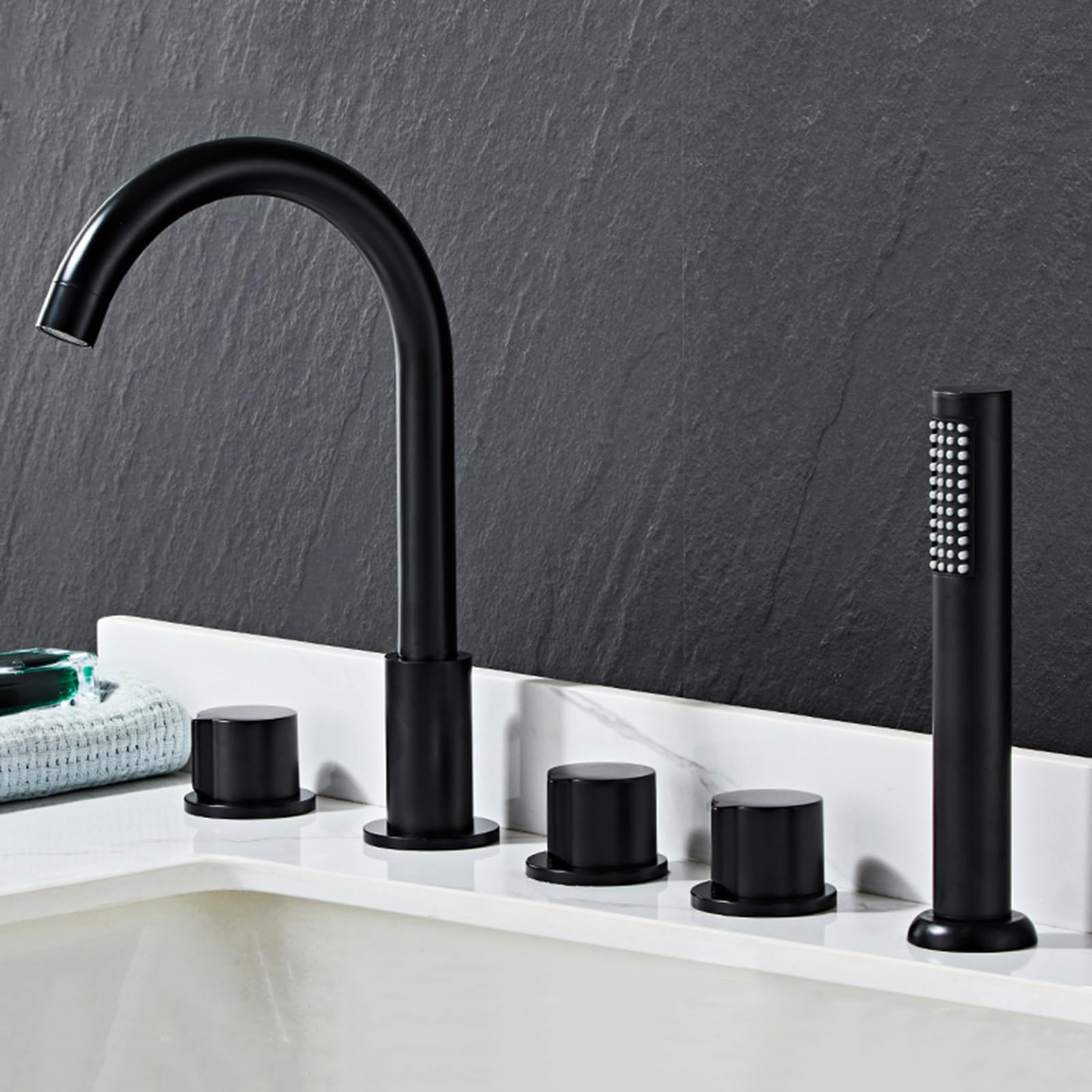 SnamicE Bath Shower Mixer Taps Deck Mounted Spout Rotating Tap Shower Head and Hose Set for Bath Taps Black,Black