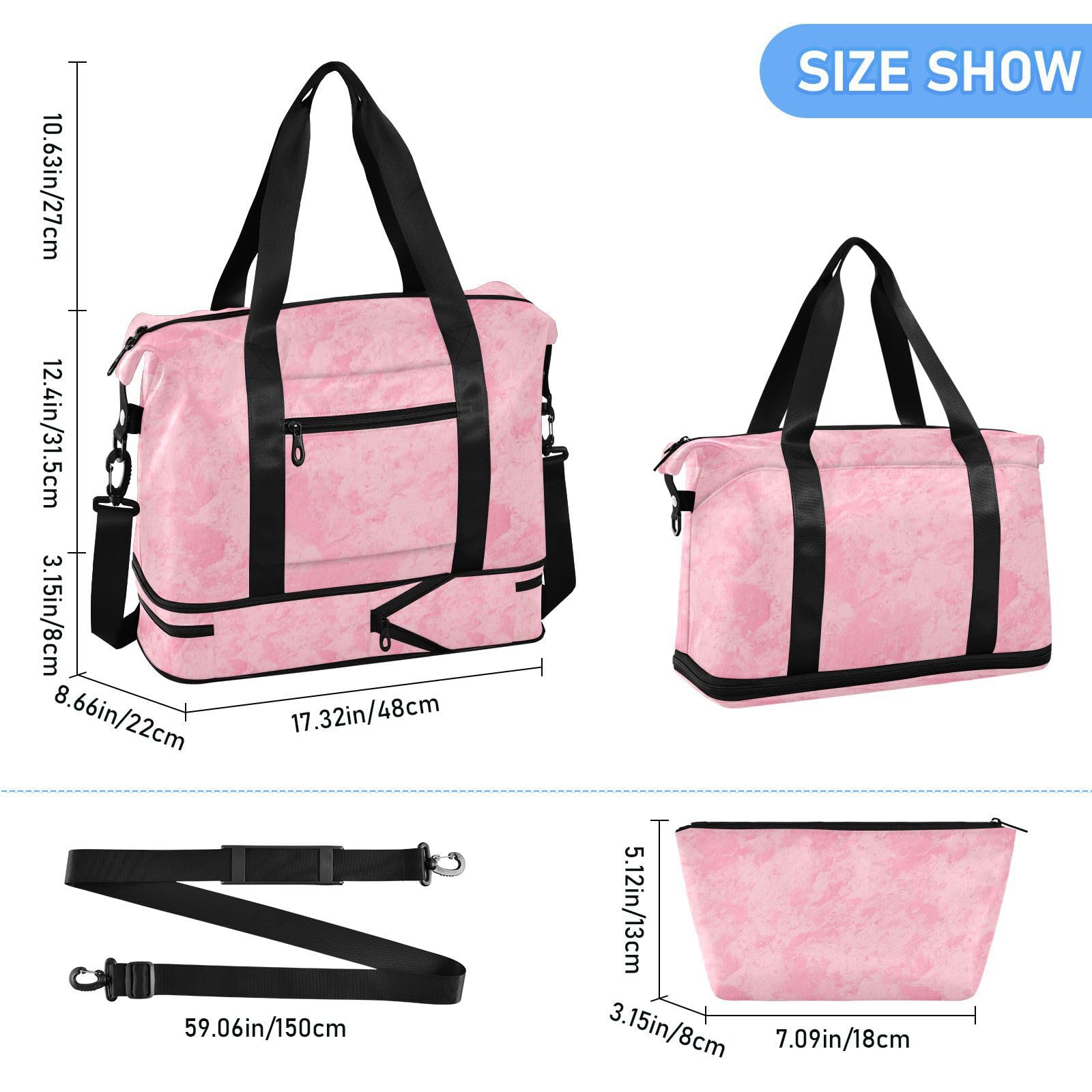 Reisetasche im Vintage-Stil, einfarbig, genarbt, Rosa, mit Nassfach, verstellbarer Riemen, Turnbeutel für Sport, 2-teiliges Set für Männer und Frauen