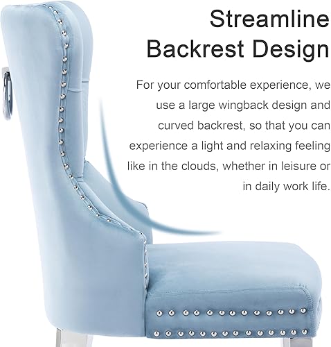 Miniatura 7 de Juego de 2 sillas de comedor de terciopelo, sillas de comedor tapizadas con patas de acero inoxidable y tirador de anillo redondo, modernas sillas