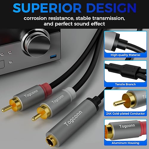 Miniatura 3 de Cable de audio de 0.250 in a 2RCA, 0.250 in 14 pulgadas hembra TRS a estéreo Dual RCA macho y divisor de audio, cable adaptador de audio chapado en