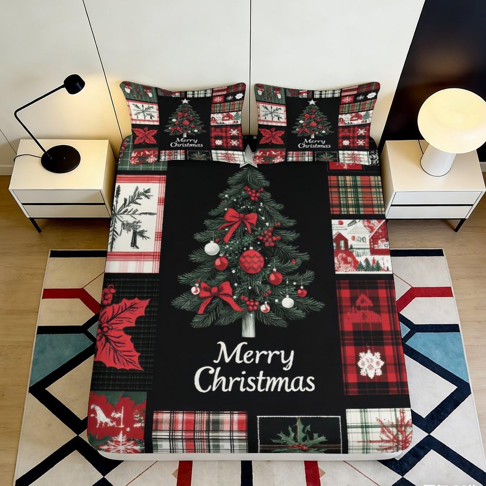 3D Printed Christmas Tree Fitted Sheet Microfiber Red Plaid Merry Christmas Bed Cover for Bedroom Guest Room Decor 90x200x25cm