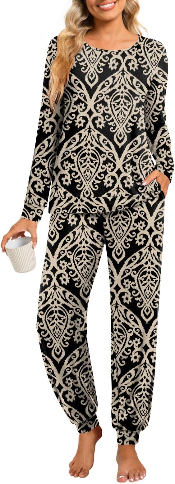 Womens Pajama Set Long Sleeve Sleepwear Fall Round Neck Nightwear Soft Pjs 2 Piece Lounge Sets with Pockets