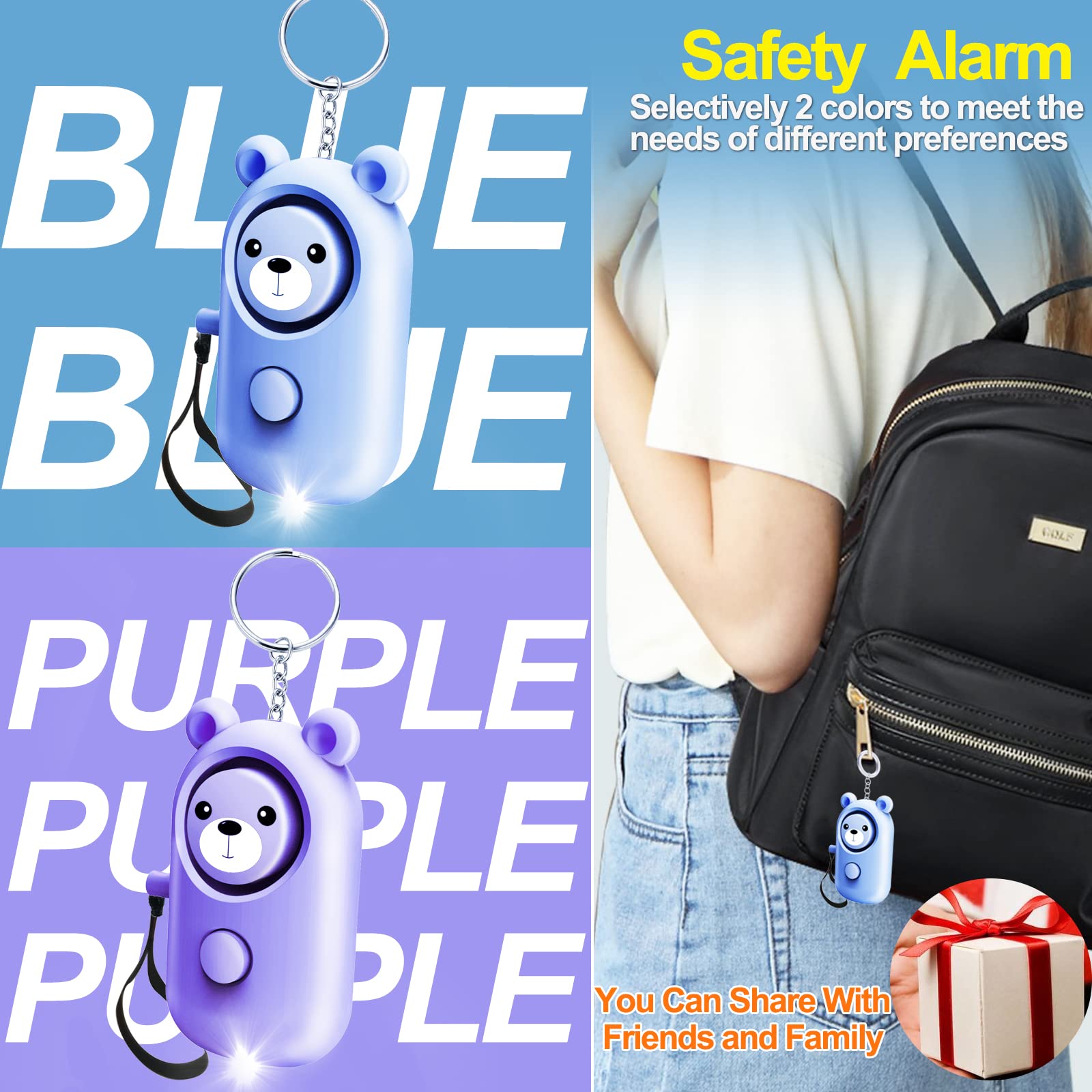 Alarma personal de sonido seguro para mujeres, niños y ancianos, paquete de 2 bonitas sirenas de 130 dB de seguridad autodefensa con luz LED, llavero de seguridad de alerta de emergencia solo