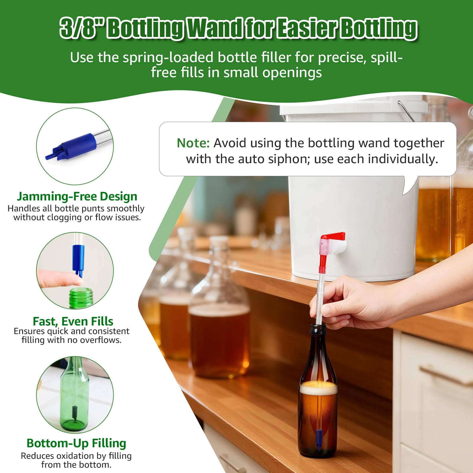 Sifón automático de 14 pulgadas con varilla de embotellado de 3/8 pulgadas, sifón automático para cerveza y vino, sifón automático con tubo de silicona de 5.5 pies y abrazadera, embotellado sin
