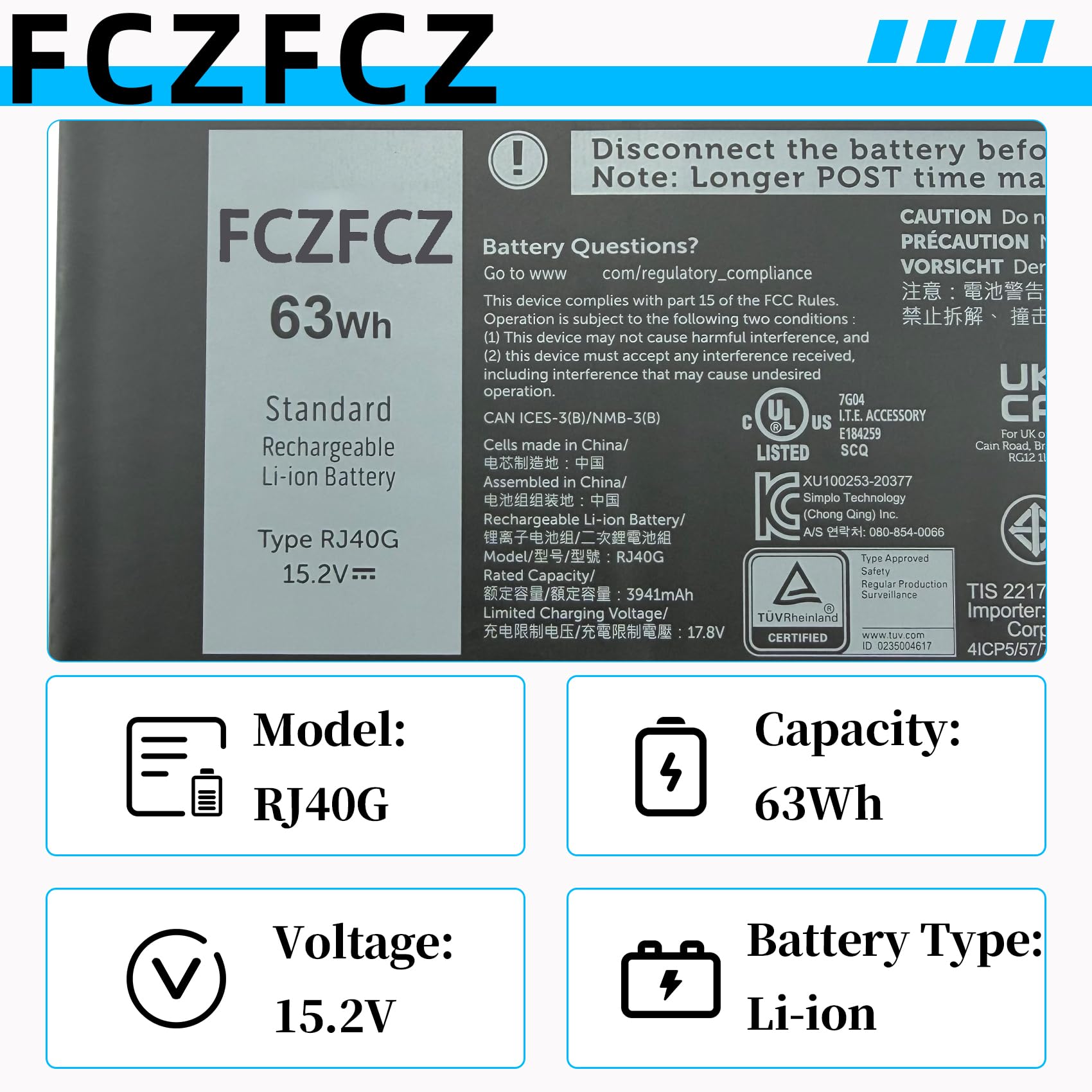 RJ40G batterij 63 Wh 15,2 V 4 cellen voor Dell Latitude 14 5420