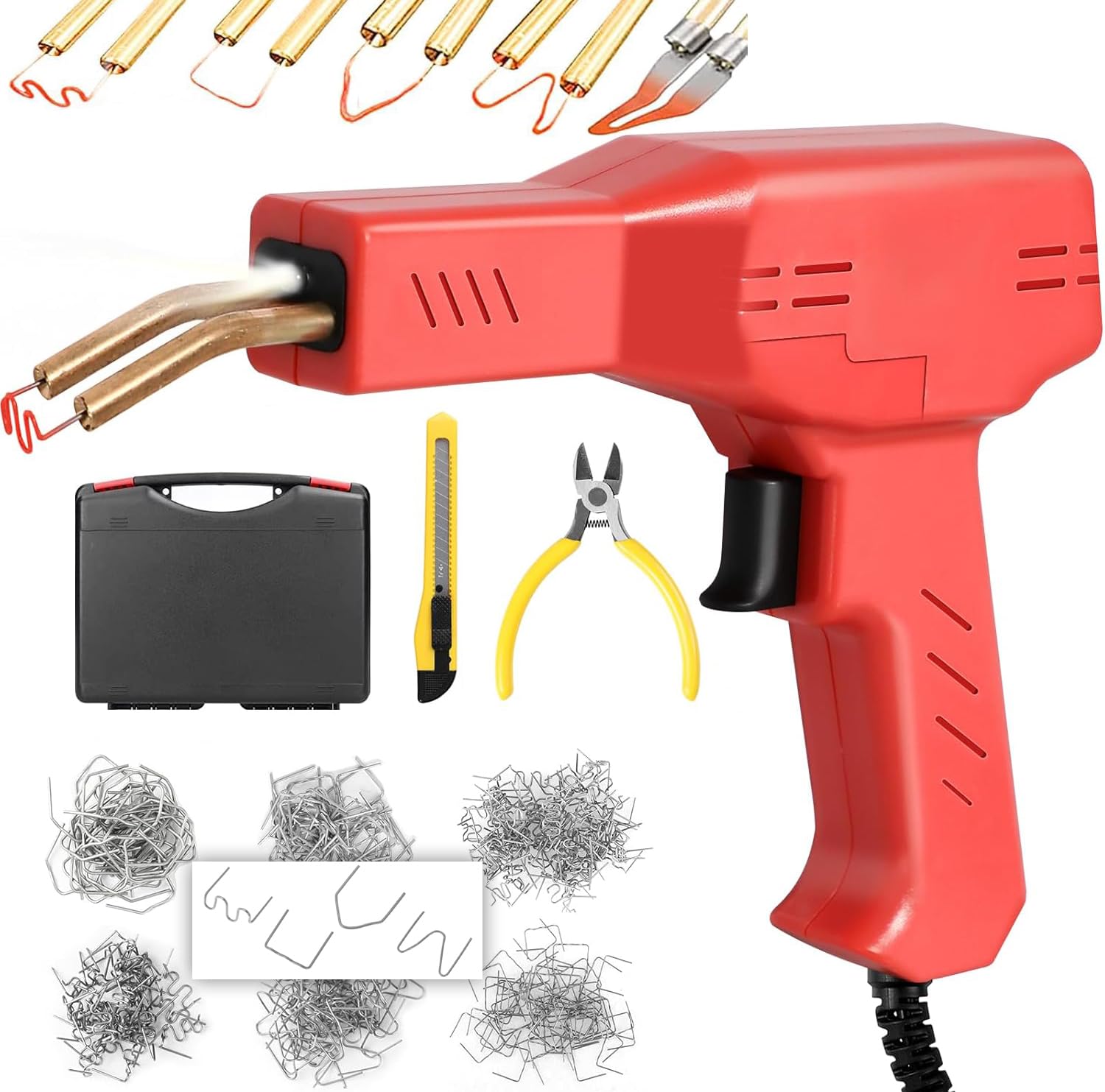 Soldador de plasticos con grapas calientes (hot-stapler) para reparar plasticos, 4 tipos de grapas. Kit de Reparación de plasticos con 4 Tipos Grapas, 1 Espátula Reparación de Parachoques de Coche