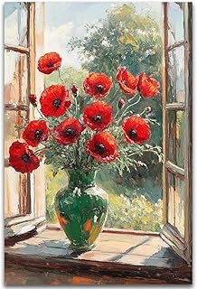 Red Poppies Wall Art,Flower Paintings Bathroom Decor Vintage Wall Art,Open Window Rustic Red Flowers in Vase Paiting Print Canvas,Antique Floral Painting Prinrts (Unframe-style, 08x12inch(20x30cm))