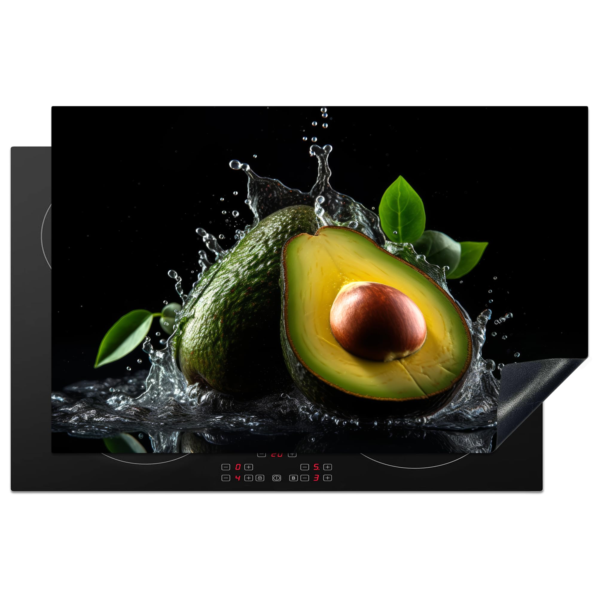 KitchenYeah© Herdabdeckplatte Einteilig Ceranfeld Abdeckplatte für Induktionsschutz Ceranfeldabdeckung Vinyl Herdabdeckplatten Avocado - Frucht - Wasser - Schwarz - Grün - 81x52 cm