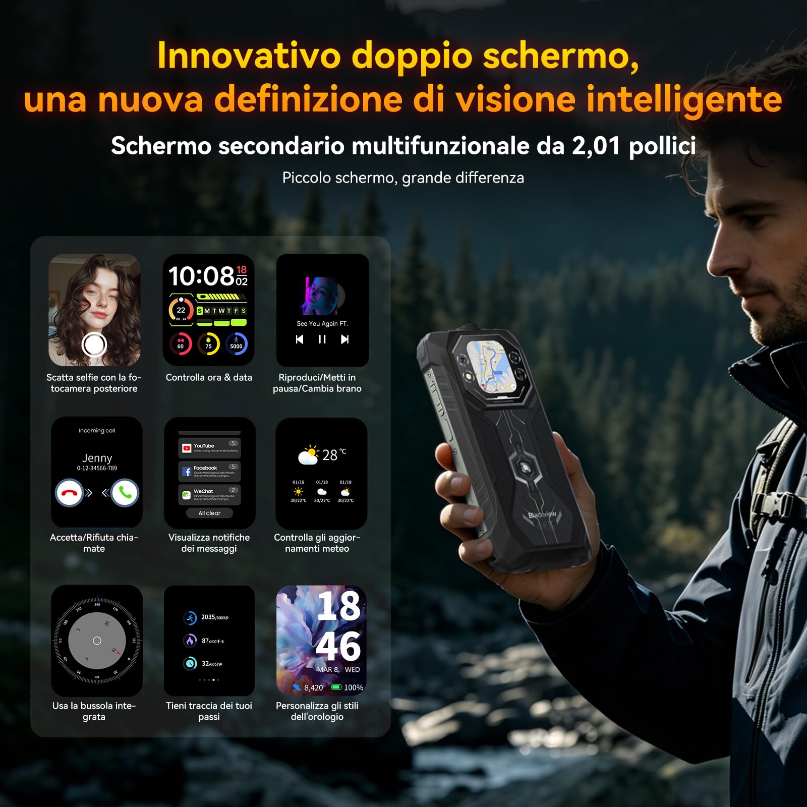 Blackview ROCK 1 Android 16 Rugged Smartphone 15000mAh,Telefono Indistruttibile per Esploratori e Outdoor, Doppio Schermo,24GB+256GB,Fotocamera Notturna 20MP, Gemini AI/NFC/3 Anni di Garanzia