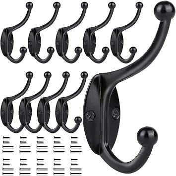 GlazieVault Black Coat Hooks for Wall - Zinc Alloy Coat Racks10 Pack - Heavy Duty Coat Hooks Wall Mounted - Premium Design Rust Free Door Hooks for Hanging
