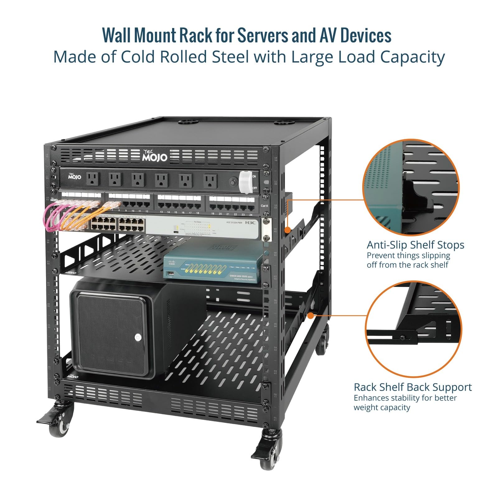 Tecmojo Rack di Rete a Telaio Aperto da 19 Pollici 12U Montaggio a Pavimento o a Parete, Armadio di Rete a 4 Montanti con Rotelle, Dotato di 2 Ripiani da 1U e Materiale di Montaggio, Nero