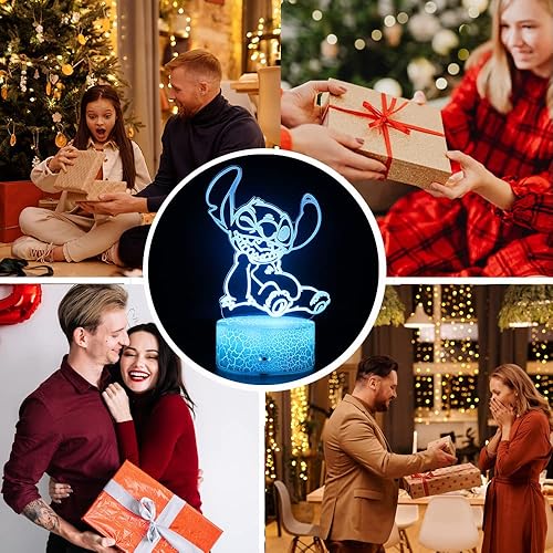 Miniatura 8 de Figura de anime de Lilo and Stitch de dibujos animados Kawaii Stitch con ilusión óptica 3D LED para decoración de dormitorio lámpara de mesa para