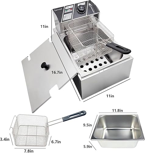 Miniatura 7 de Freidora profunda comercial con cestas, 1700W 9.7QT9.1L Freidora de aceite eléctrica de acero inoxidable engrosada de sobremesa, gran capacidad con