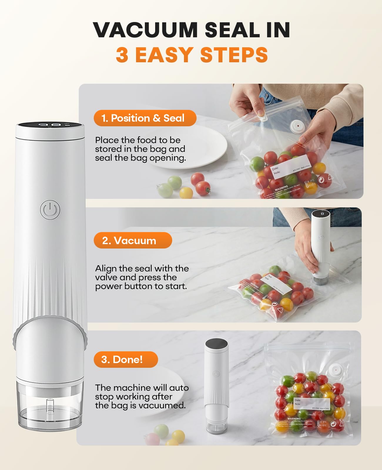 1800mAh Compact Vacuum Sealer for Food (Vacuum Sealer Machine + 30 Reusable Bags), 80kPa Powerful Handheld Food Sealer With LCD-Display, Visible Water Tank Portable Seal Meal Saver (White) — view 6