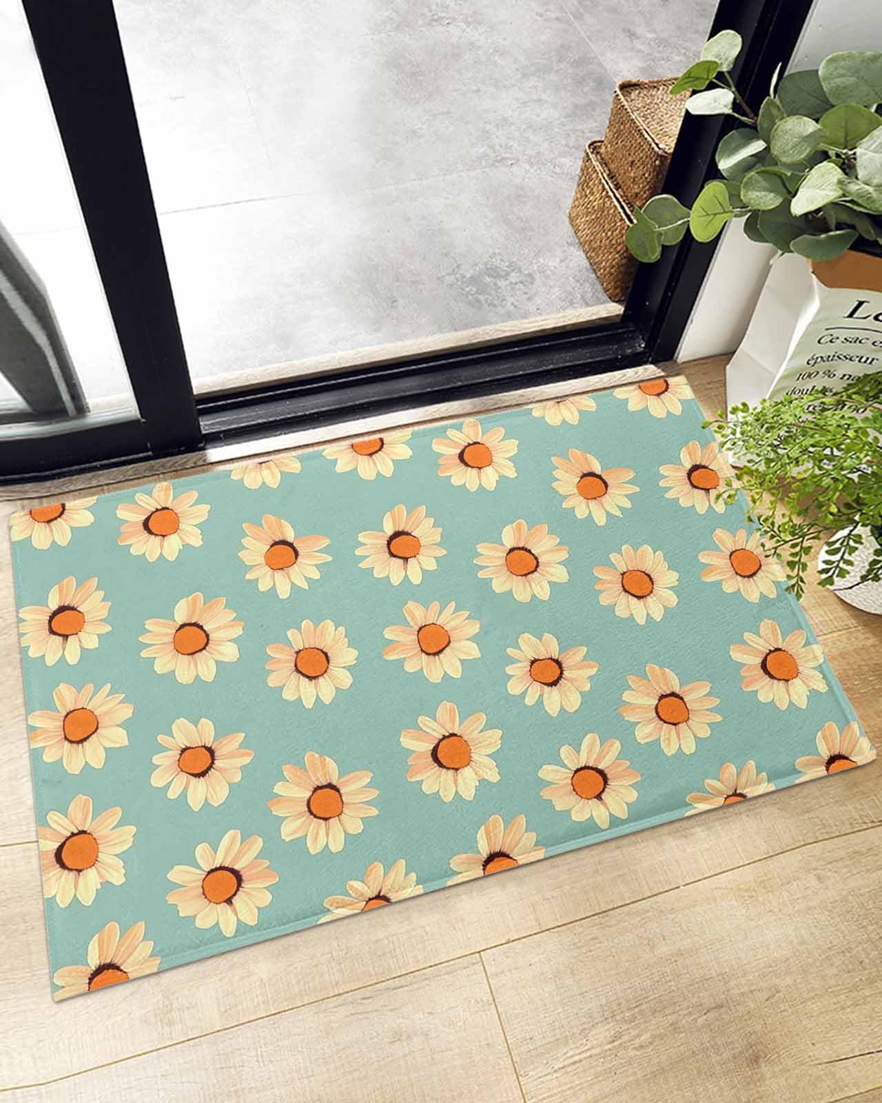 Indoor Doormat Watercolor Yellow Echinacea,Shaggy Floor Mat with Non-Skid Backing Rustic Pastoral Floral on Light Green,Machine Washable Plush Area Rug Carpets for Kitchen Nursery Bedroom