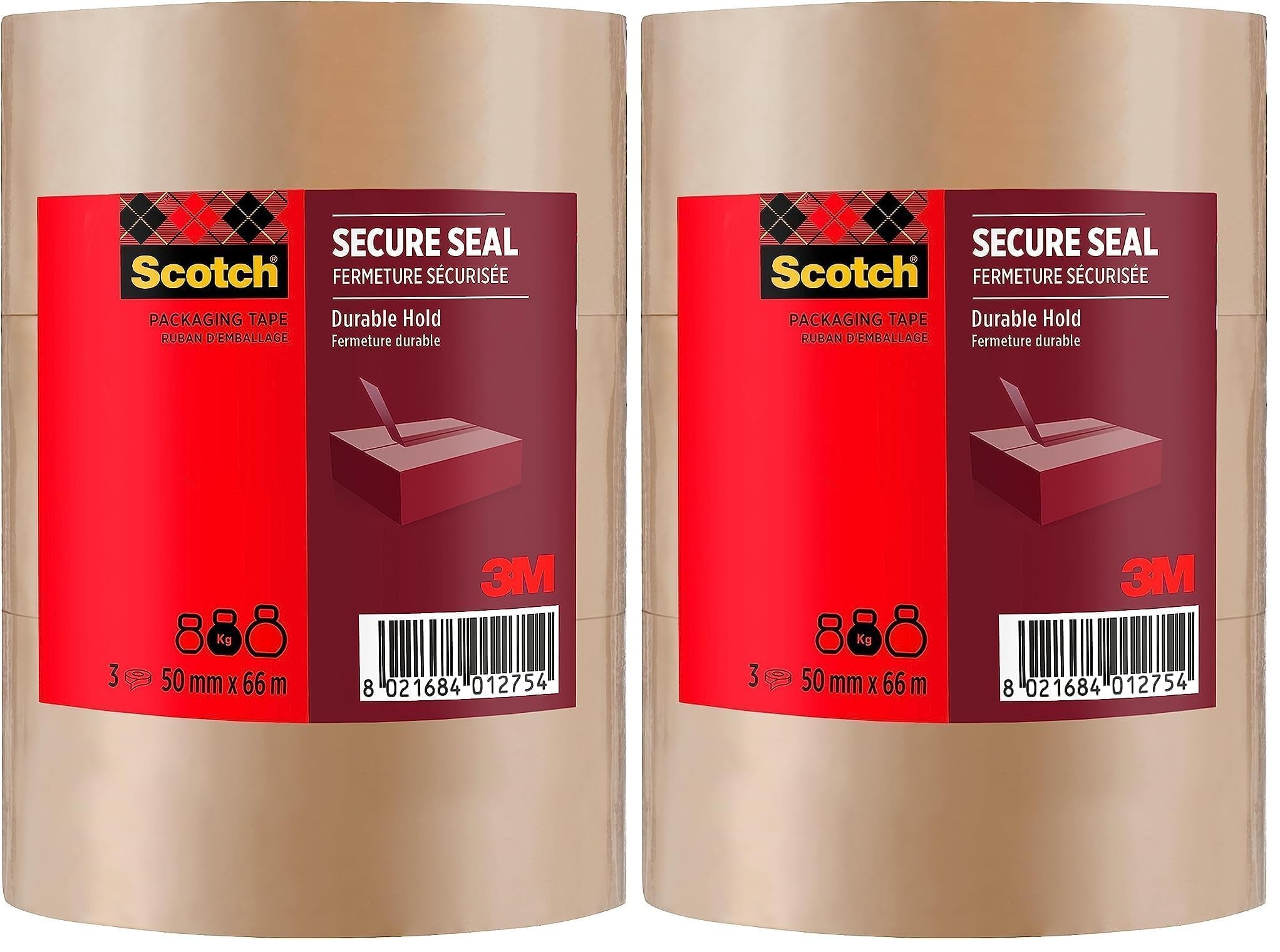 Scotch Ruban Adhésif pour Emballage de Cartons, 3 Rouleaux de Ruban d'Emballage Robuste, 50 mm x 66 m, Marron - Idéal pour la Fermeture de Colis et des Boîtes d'Expédition (Lot de 2)
