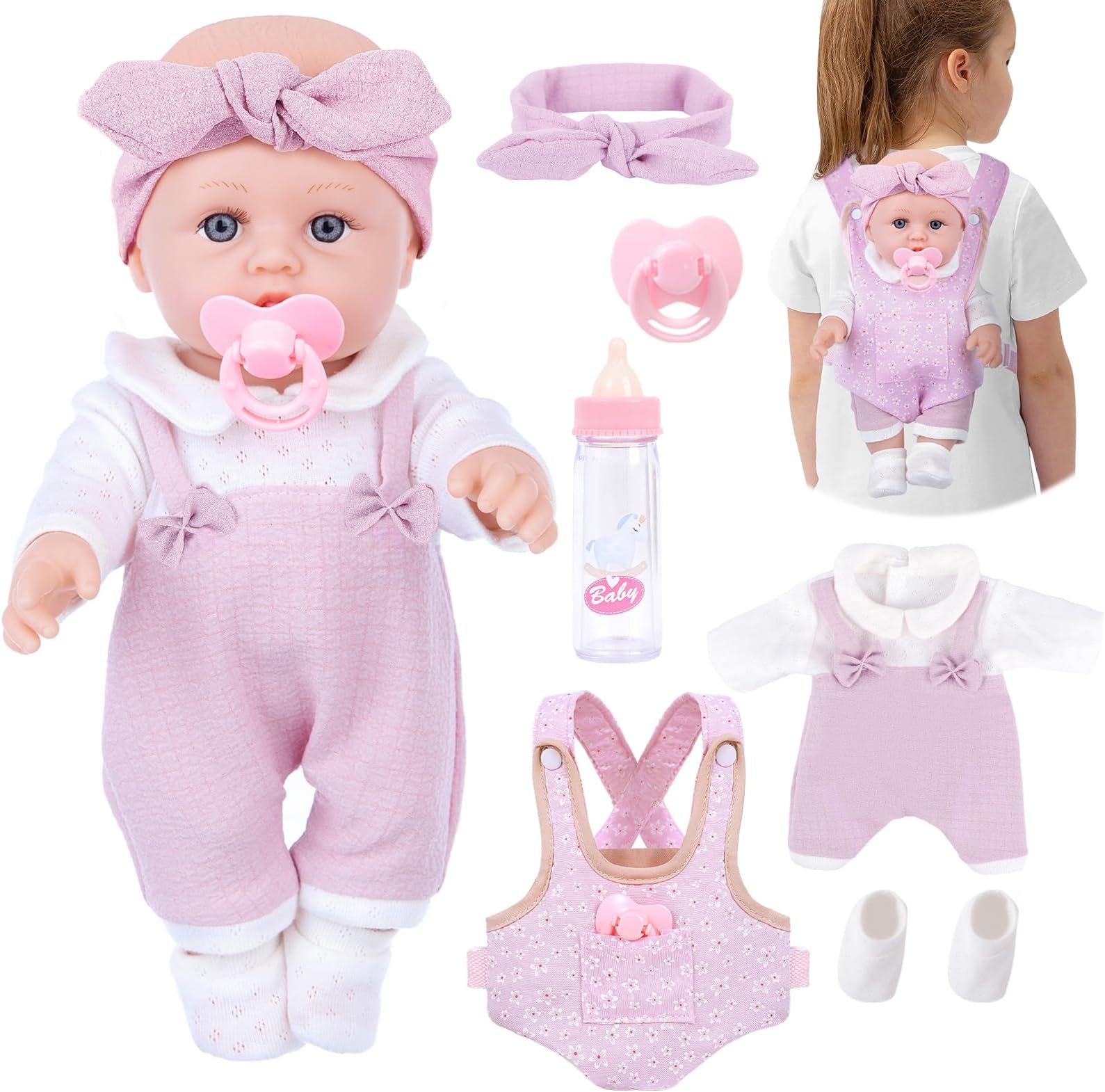 BDDOLL 12'' Baby Doll Playset with Clothes and Dolls Carrier Accessories Included Baby Carrier, Bottles, Nipple, Socks, Headbands