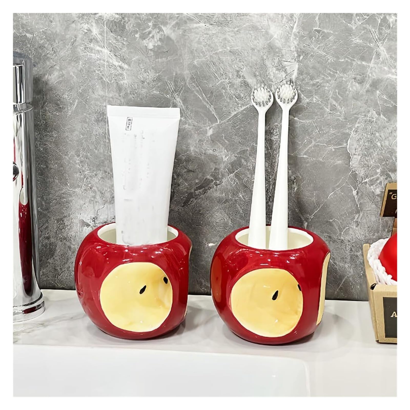 Porta brochas de Maquillaje Soportes de cerámica for cepillos Dientes y Pasta, Tazas for Enjuague bucal, Vasos baño con Forma Manzana Organizador de Accesorios