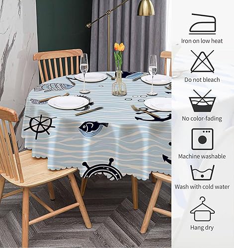 Miniatura 7 de IBILIU Mantel redondo náutico de 60 pulgadas, diseño de criaturas oceánicas, caballito de mar, tortuga, peces, barco, volante, poliéster, color azul