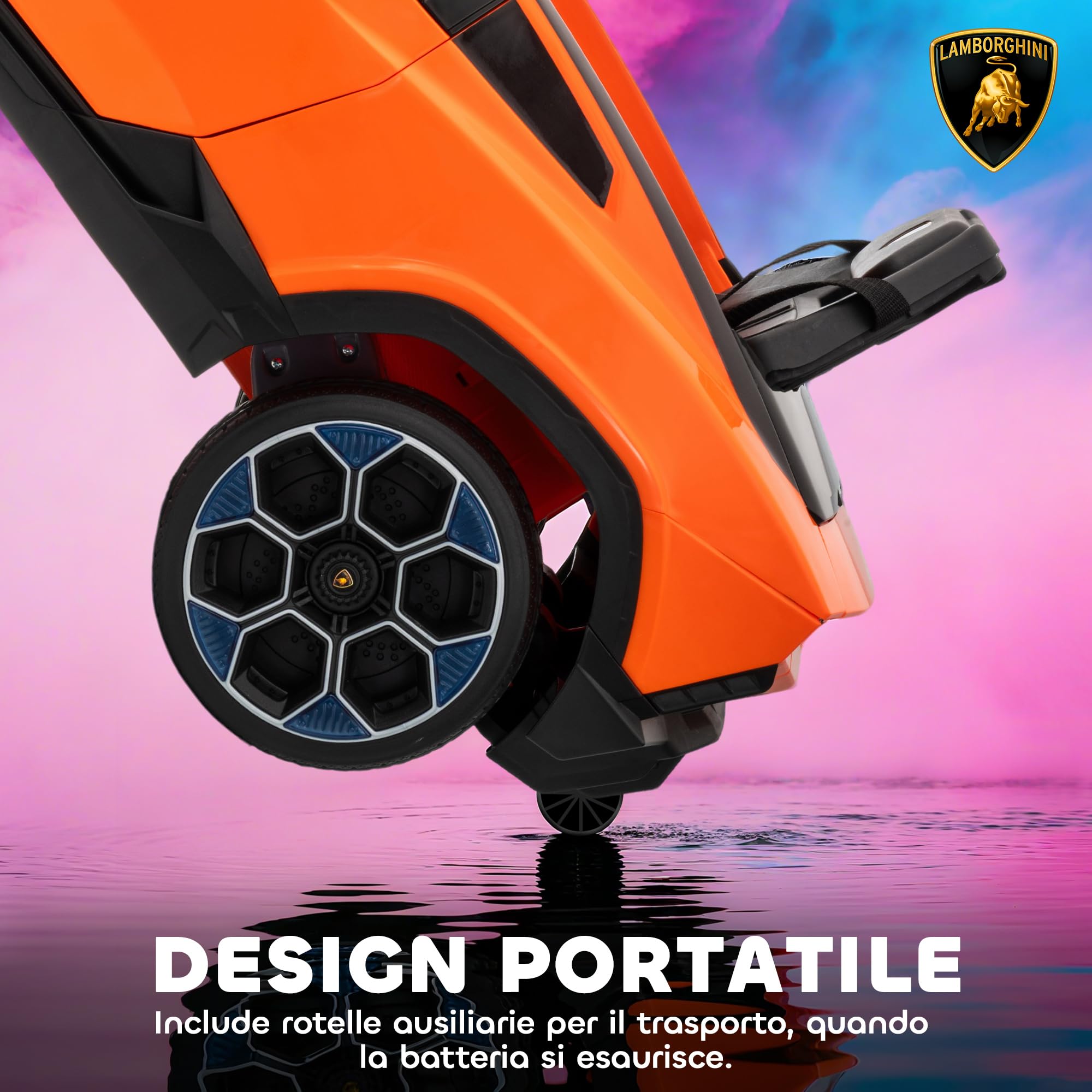 AIYAPLAY Macchina Elettrica per Bambini 3-8 Anni Lamborghini con Porte a Forbice, 12V Auto Elettrica per Bambini con 2 Motori, Sospensioni, Telecomando, MP3, Musica, Rotelle e Maniglia, Arancione