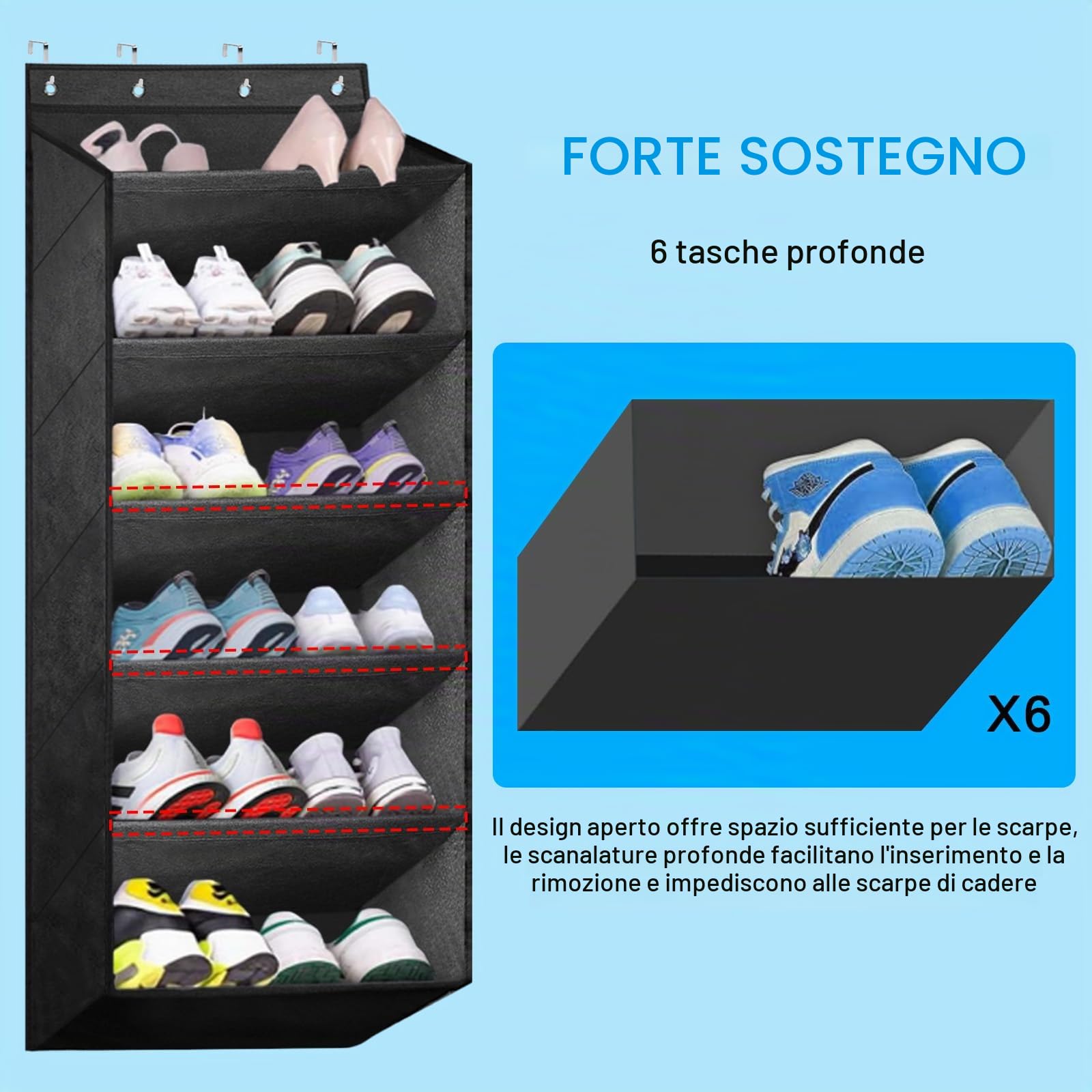 Scarpiera porta, scarpiera da appendere, organizer per scarpe, porta con 6 tasche profonde, adatta a 12 paia di scarpe (nero)